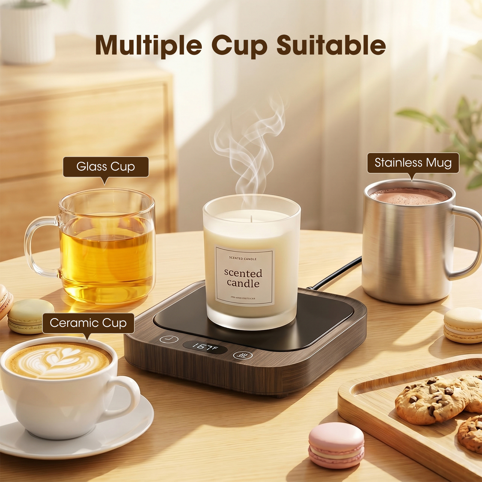 MQHOOB Desktop Mug Warmer, Cup Warmer for Desk with Auto Shut Off & 4 Temperature settings，Electric Coffee Mug Warmer for All Cups Warming Coffee, Milk, and Candles(Wood Grain)