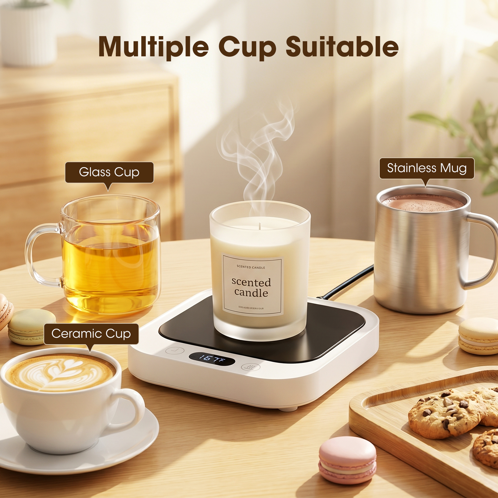 MQHOOB Desktop Mug Warmer, Cup Warmer for Desk with Auto Shut Off & 4 temperature settings，Electric coffee mug warmer for all cups warming coffee, milk, and candles(White)