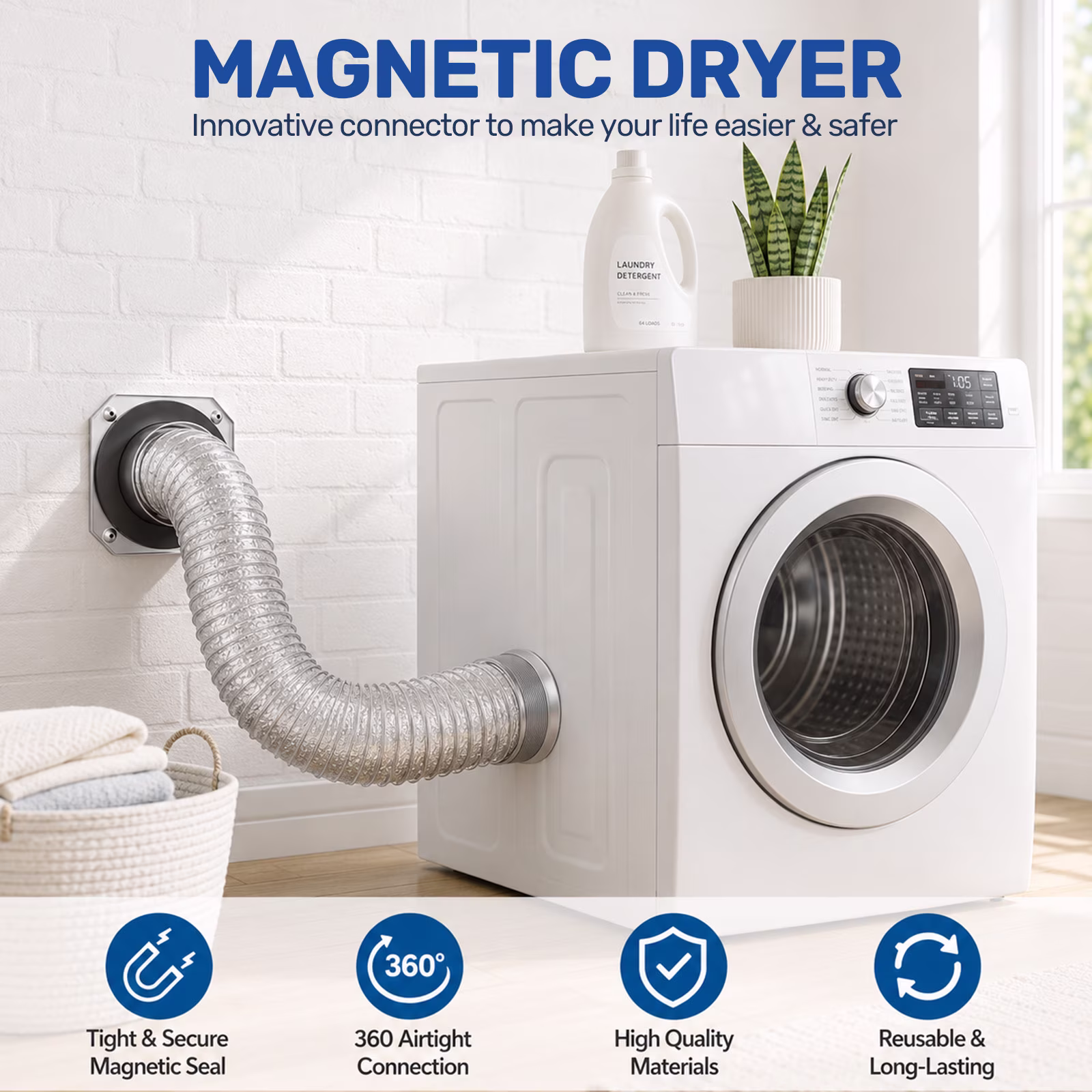 Magnetic Dryer Vent Coupler DV180, Silver, 304 Stainless Steel & Aluminum Foil, 1m Aluminum Foil Tube, Complete Kit with 2 Throats, Screws, Screwdriver & English Manual, 1-Year Warranty