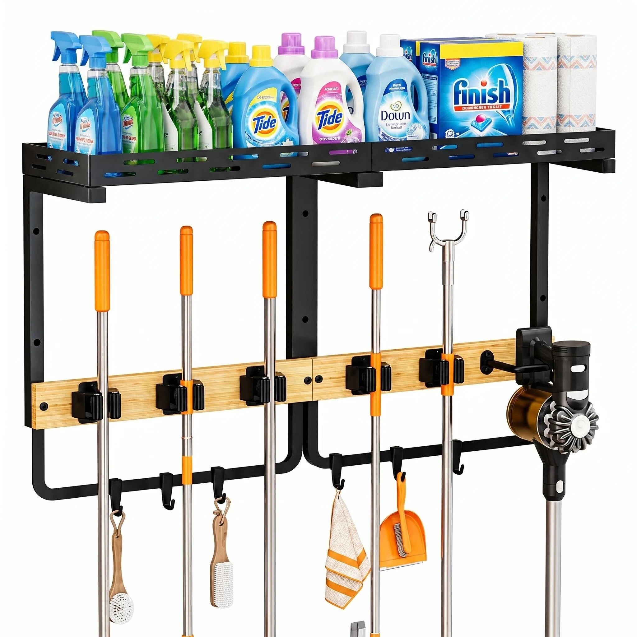 MQHOOB Broom Holder Wall Mount, Large Cleaning Supplies Organizer with Gripper Hooks & Vacuum Storage Shelf, Wall Hanging Rack for Kitchen, Laundry Room & Garage
