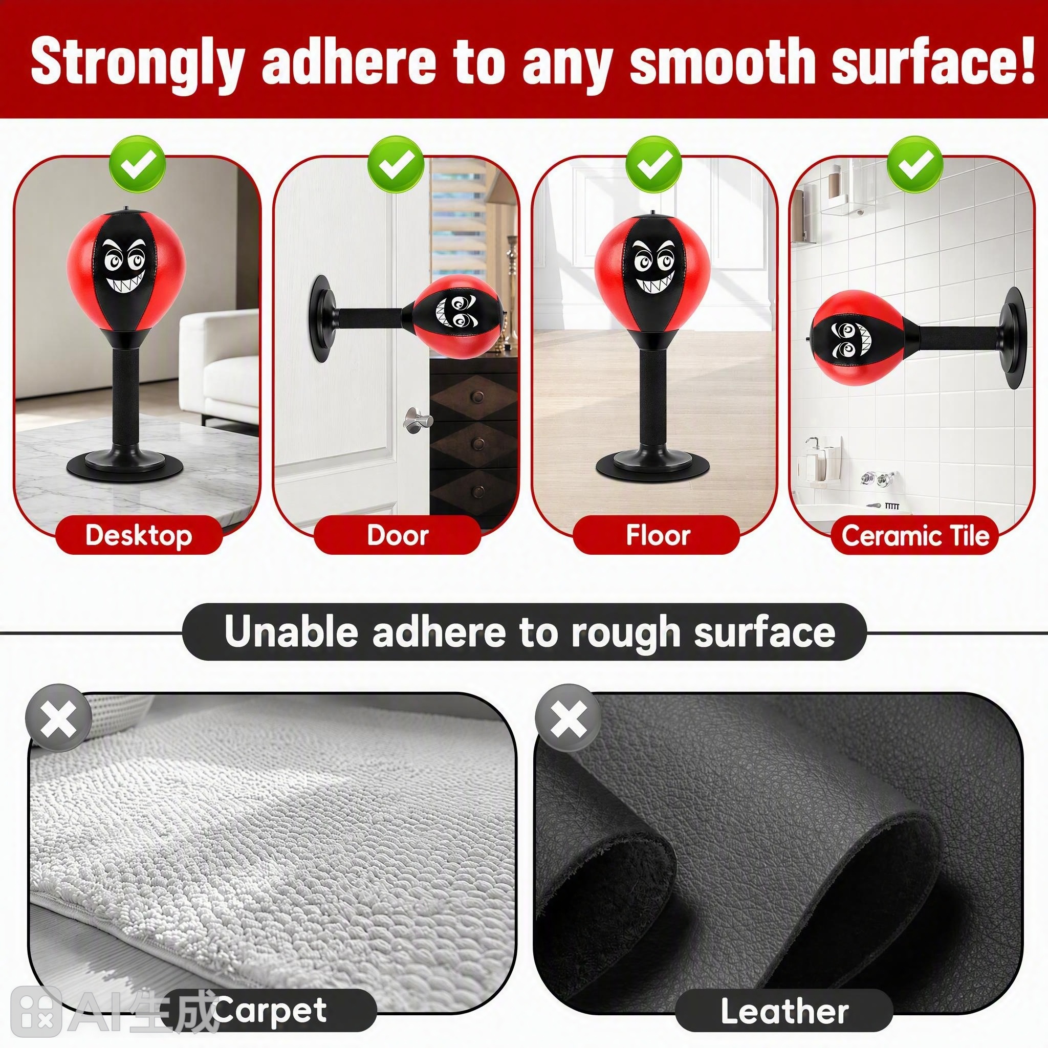 Desktop Punching Bag, Strong Suction Cup Tabletop Boxing Ball for Stress Relief, Home and Office Use, Black and Red