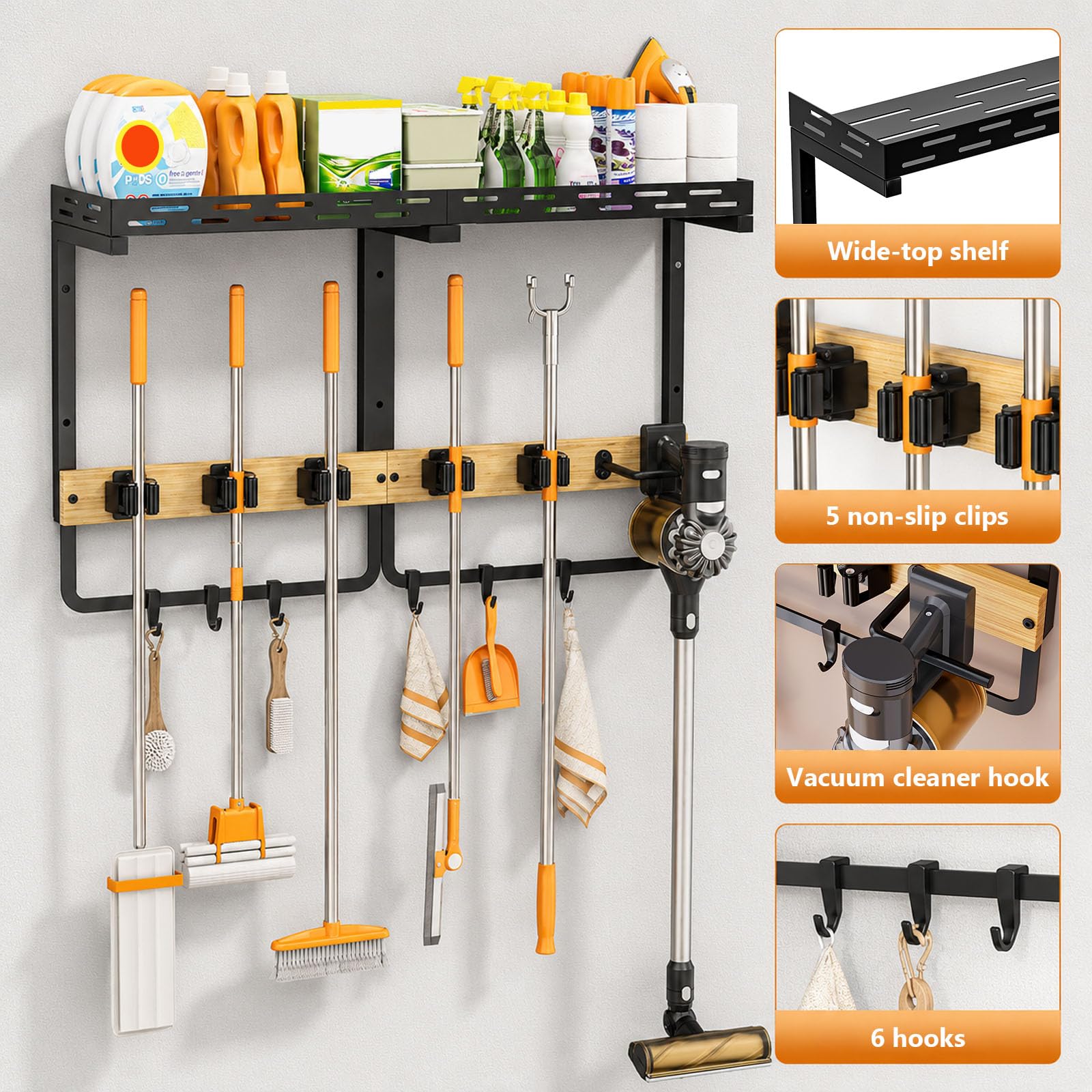 MQHOOB Broom Holder Wall Mount, Large Cleaning Supplies Organizer with Gripper Hooks & Vacuum Storage Shelf, Wall Hanging Rack for Kitchen, Laundry Room & Garage