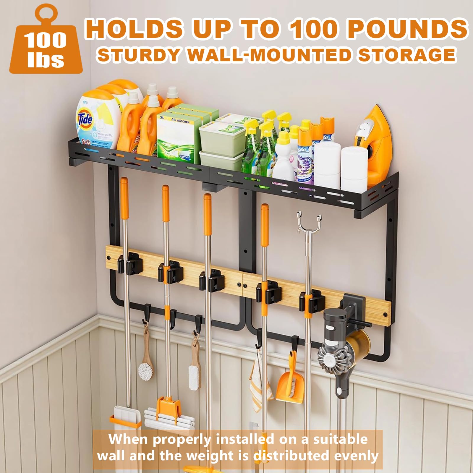 MQHOOB Broom Holder Wall Mount, Large Cleaning Supplies Organizer with Gripper Hooks & Vacuum Storage Shelf, Wall Hanging Rack for Kitchen, Laundry Room & Garage