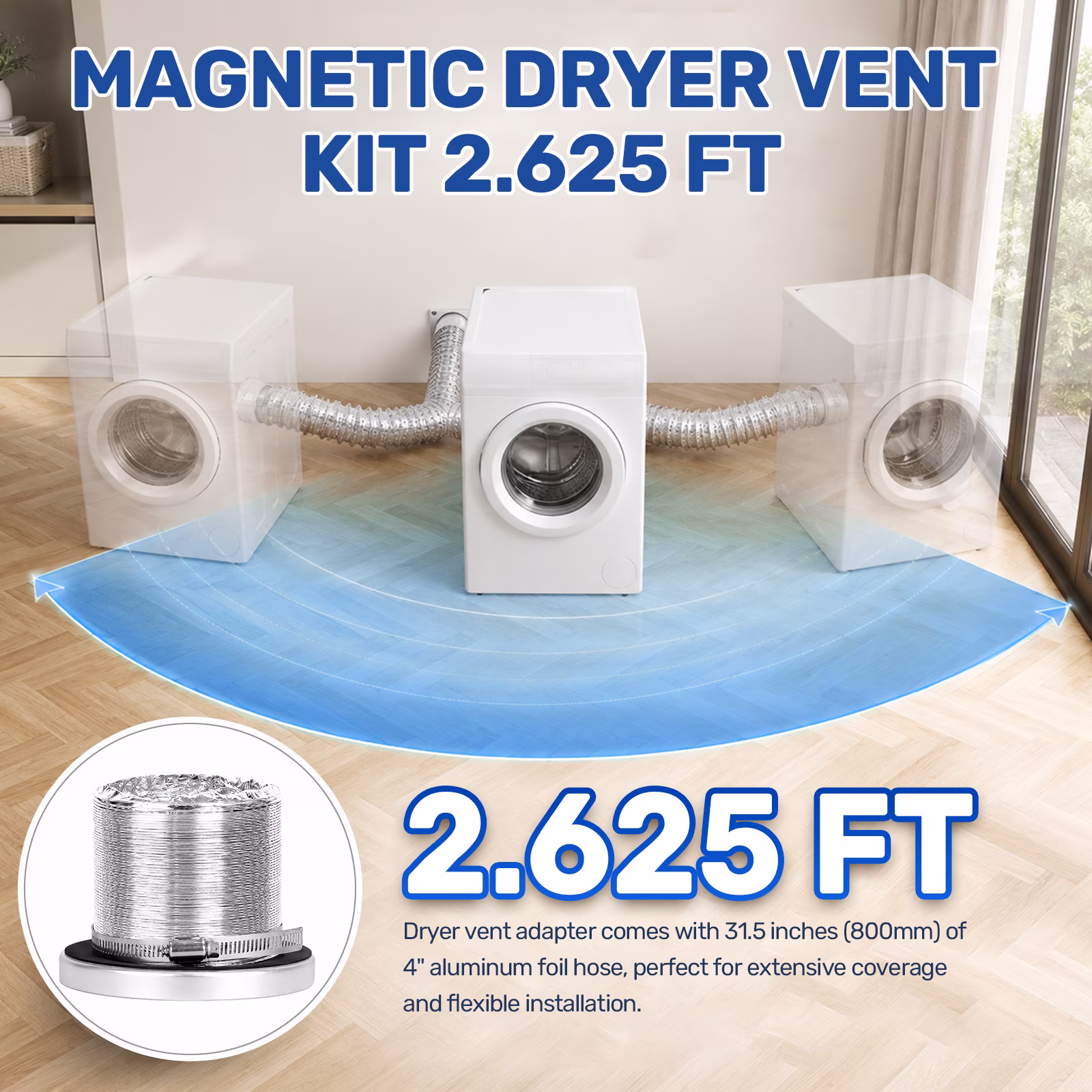 Magnetic Dryer Vent Coupler DV180, Silver, 304 Stainless Steel & Aluminum Foil, 1m Aluminum Foil Tube, Complete Kit with 2 Throats, Screws, Screwdriver & English Manual, 1-Year Warranty