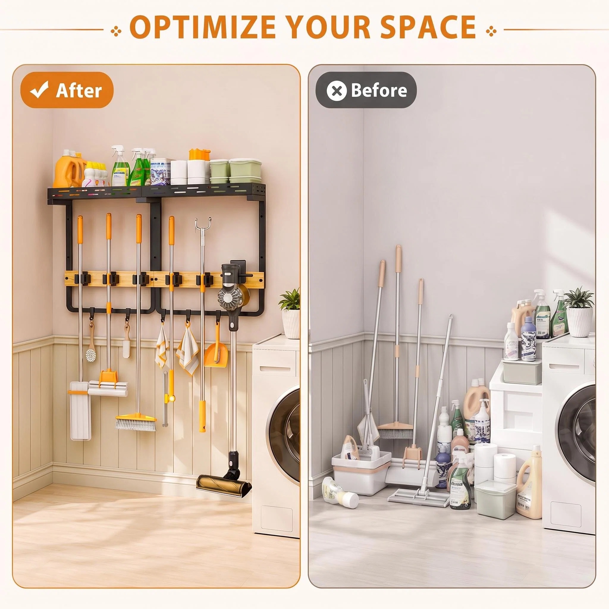 MQHOOB Broom Holder Wall Mount, Large Cleaning Supplies Organizer with Gripper Hooks & Vacuum Storage Shelf, Wall Hanging Rack for Kitchen, Laundry Room & Garage