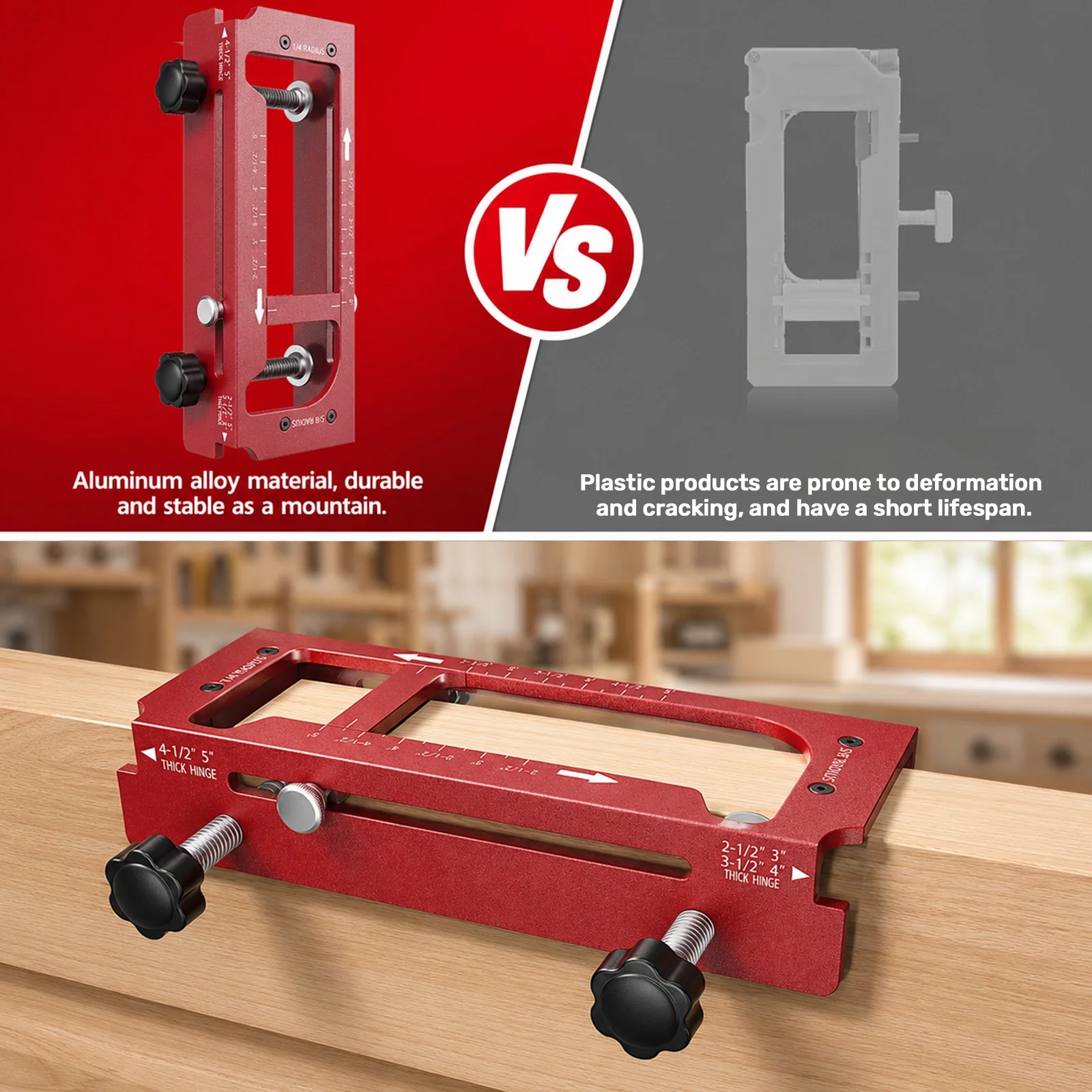 Door Hinge Jig and Door Lock Installation Kit, Fits 2.5"-5" Hinges with 1/4" , 5/8" Radii, Aluminum Alloy Router Template for Mortising Square Corner Hinges, Door Hole Drilling Kit