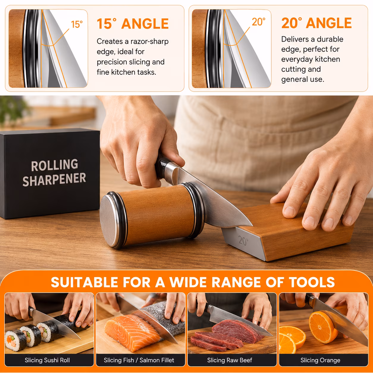 Rolling Knife Sharpener, Diamond and Ceramic Abrasive Sharpener with 15/20° Magnetic Angle Guide for Kitchen Chef and Outdoor Knives