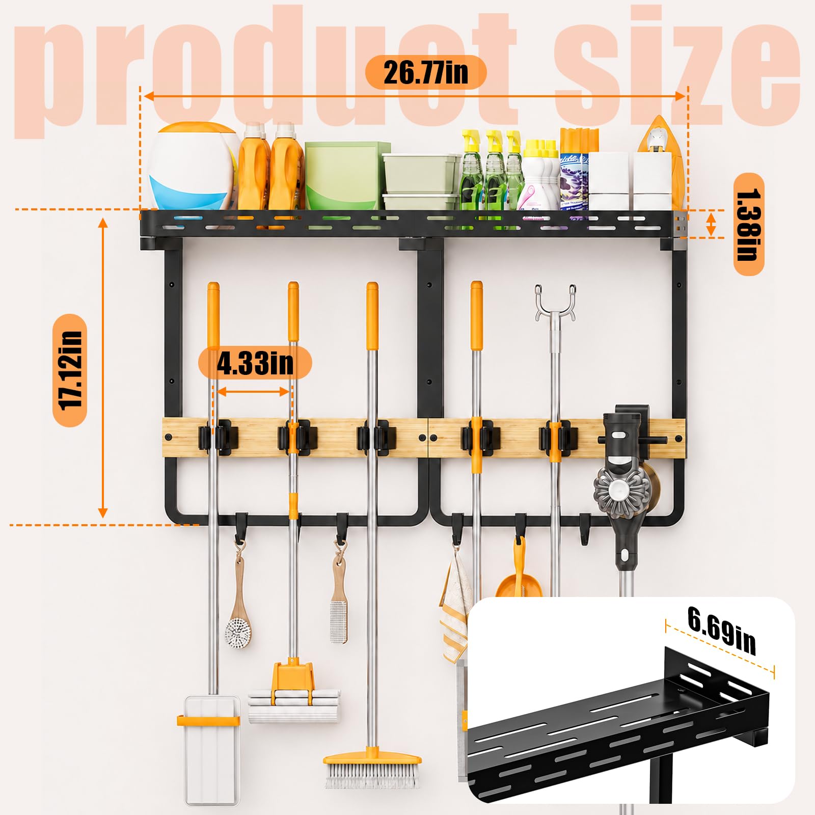 MQHOOB Broom Holder Wall Mount, Large Cleaning Supplies Organizer with Gripper Hooks & Vacuum Storage Shelf, Wall Hanging Rack for Kitchen, Laundry Room & Garage