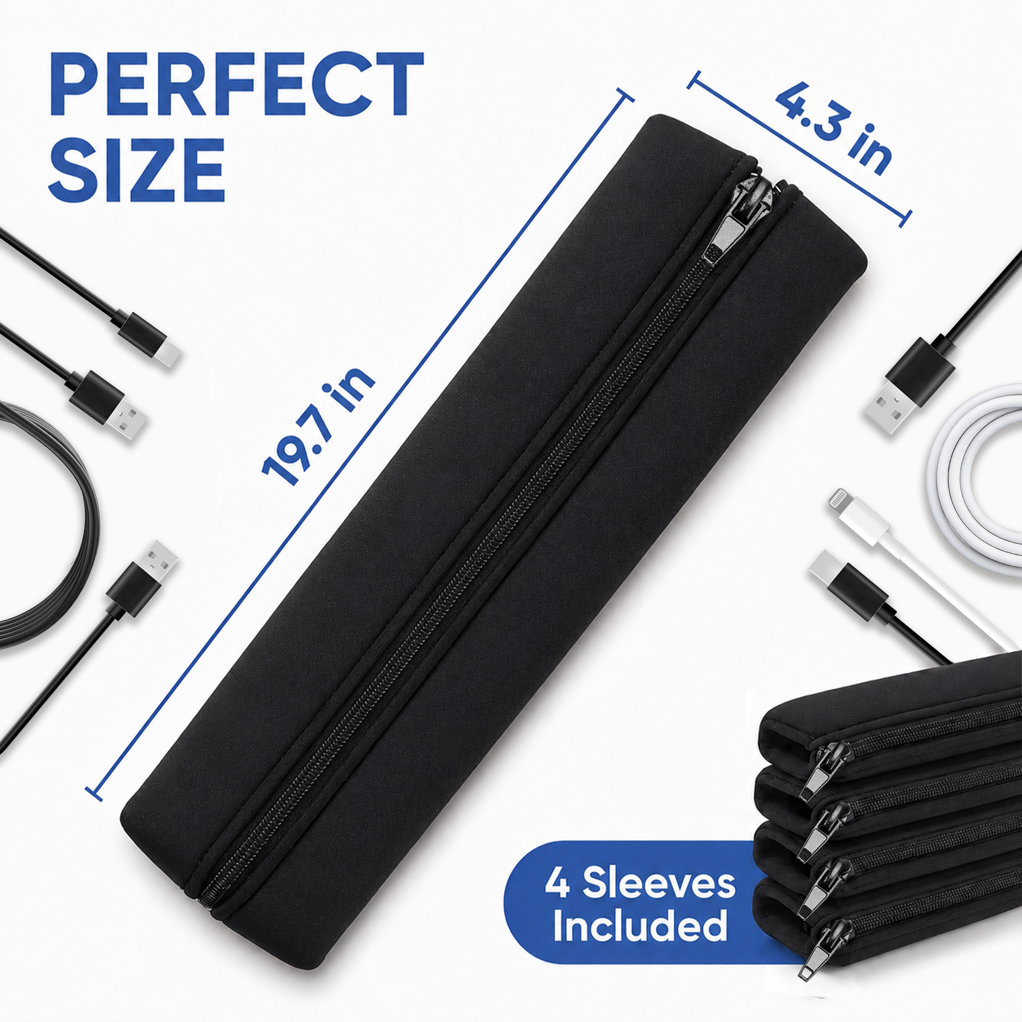 MQHOOB 4Pack Zipper Cable Sleeve,20in Cord Organizer and Cable Protector for Desk, Computer, TV Flexible Wrap Cover Wire Hider System