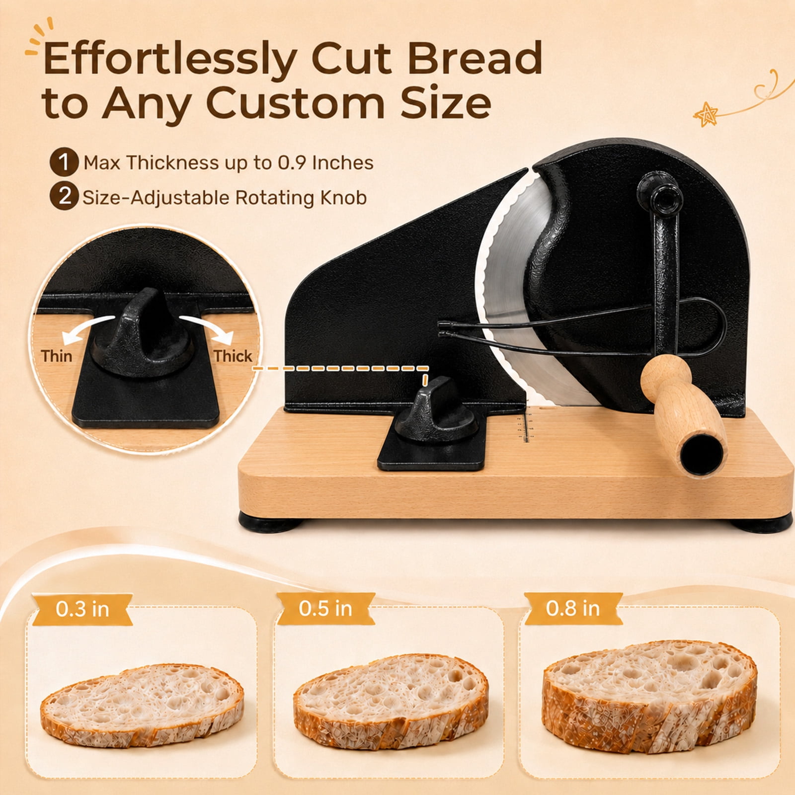 MQHOOB Upgraded Manual Hand Crank Loaf Slicer, Adjustable Thickness Cutter with Scale Line, Suction Base & Metal Guide for Homemade Sourdough Loaf