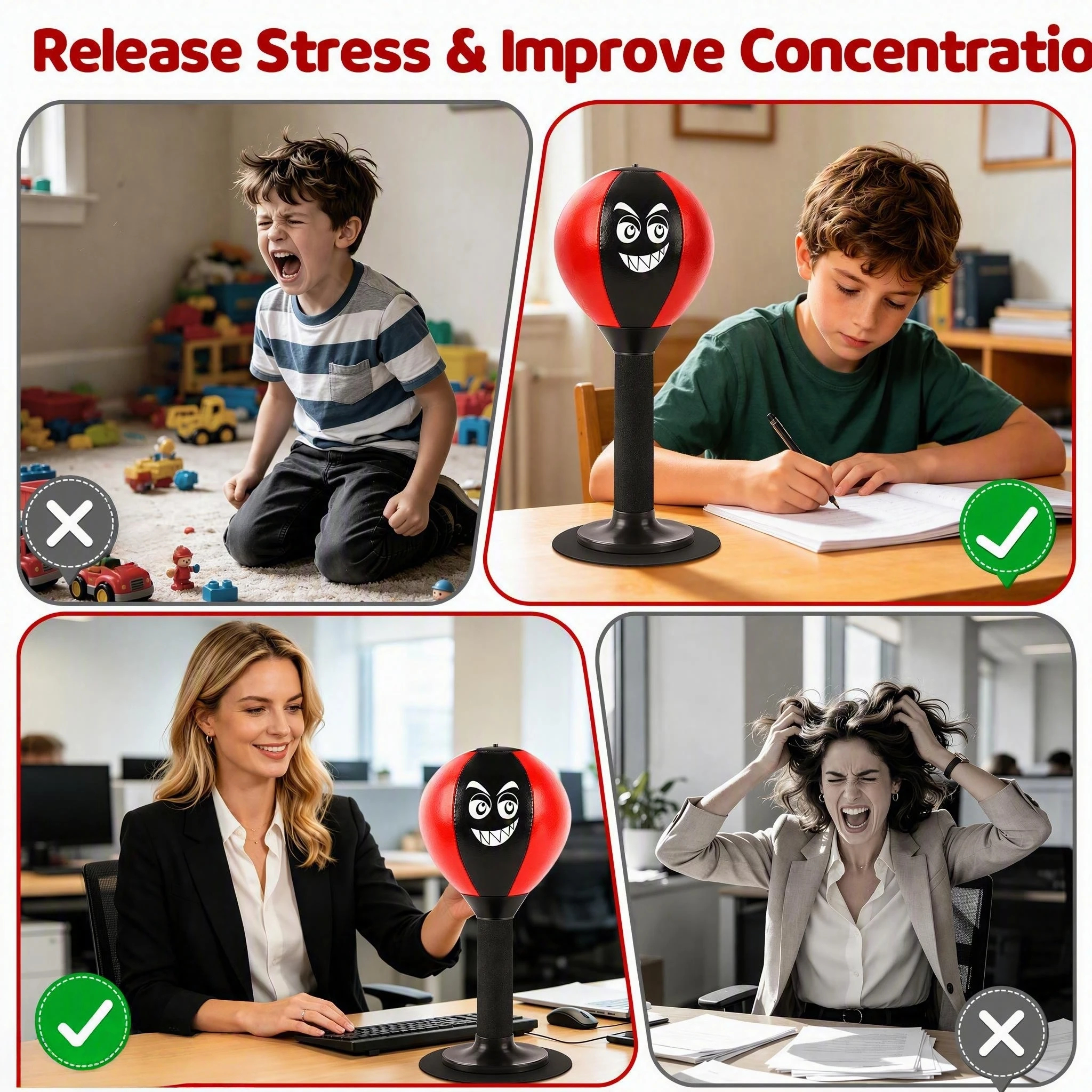 Desktop Punching Bag, Strong Suction Cup Tabletop Boxing Ball for Stress Relief, Home and Office Use, Black and Red