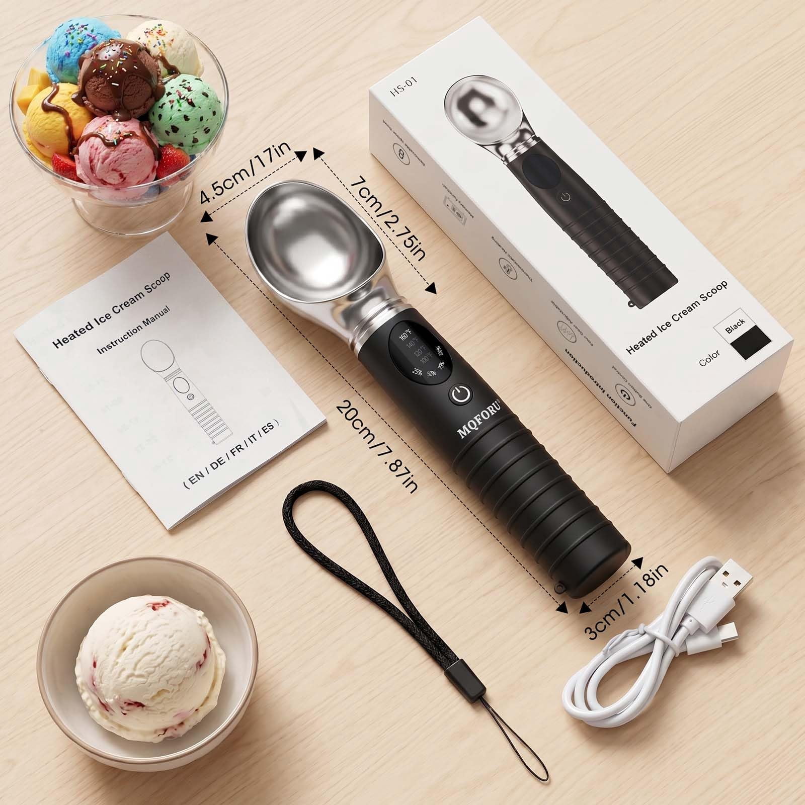 MQHOOB Heated Ice Cream Scoop, Removable Head & Dishwasher Safe, Rechargeable, LED Display for Battery&4 Temps (100-160°F), Non-Slip & IP67 Waterproof, 3-Min Auto Off for Hard Ice Cream, Sorbet(Black
