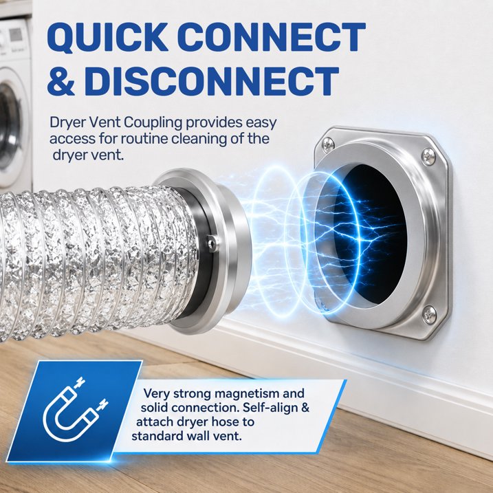 Magnetic Dryer Vent Coupler DV180, Silver, 304 Stainless Steel & Aluminum Foil, 1m Aluminum Foil Tube, Complete Kit with 2 Throats, Screws, Screwdriver & English Manual, 1-Year Warranty