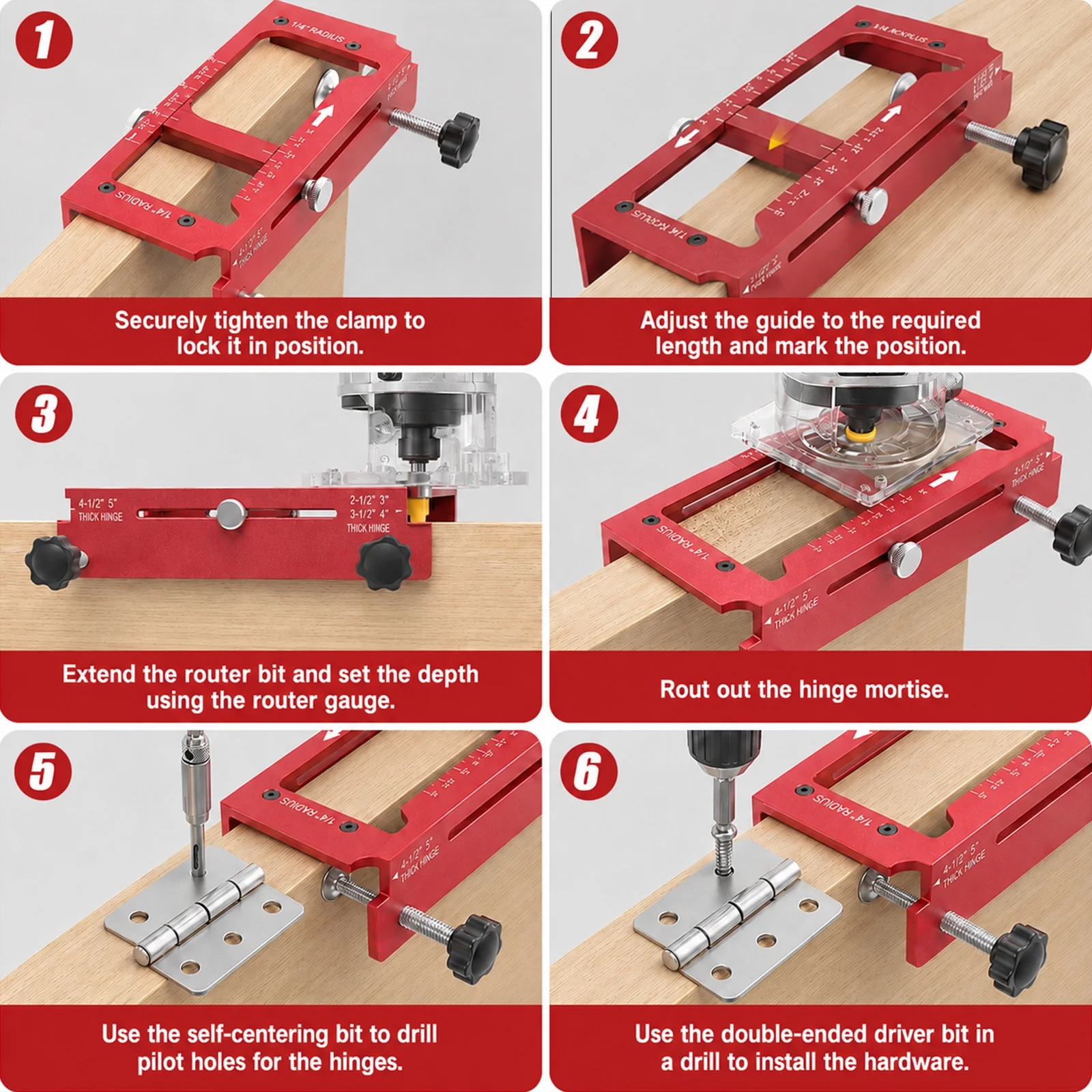 Door Hinge Jig and Door Lock Installation Kit, Fits 2.5"-5" Hinges with 1/4" , 5/8" Radii, Aluminum Alloy Router Template for Mortising Square Corner Hinges, Door Hole Drilling Kit