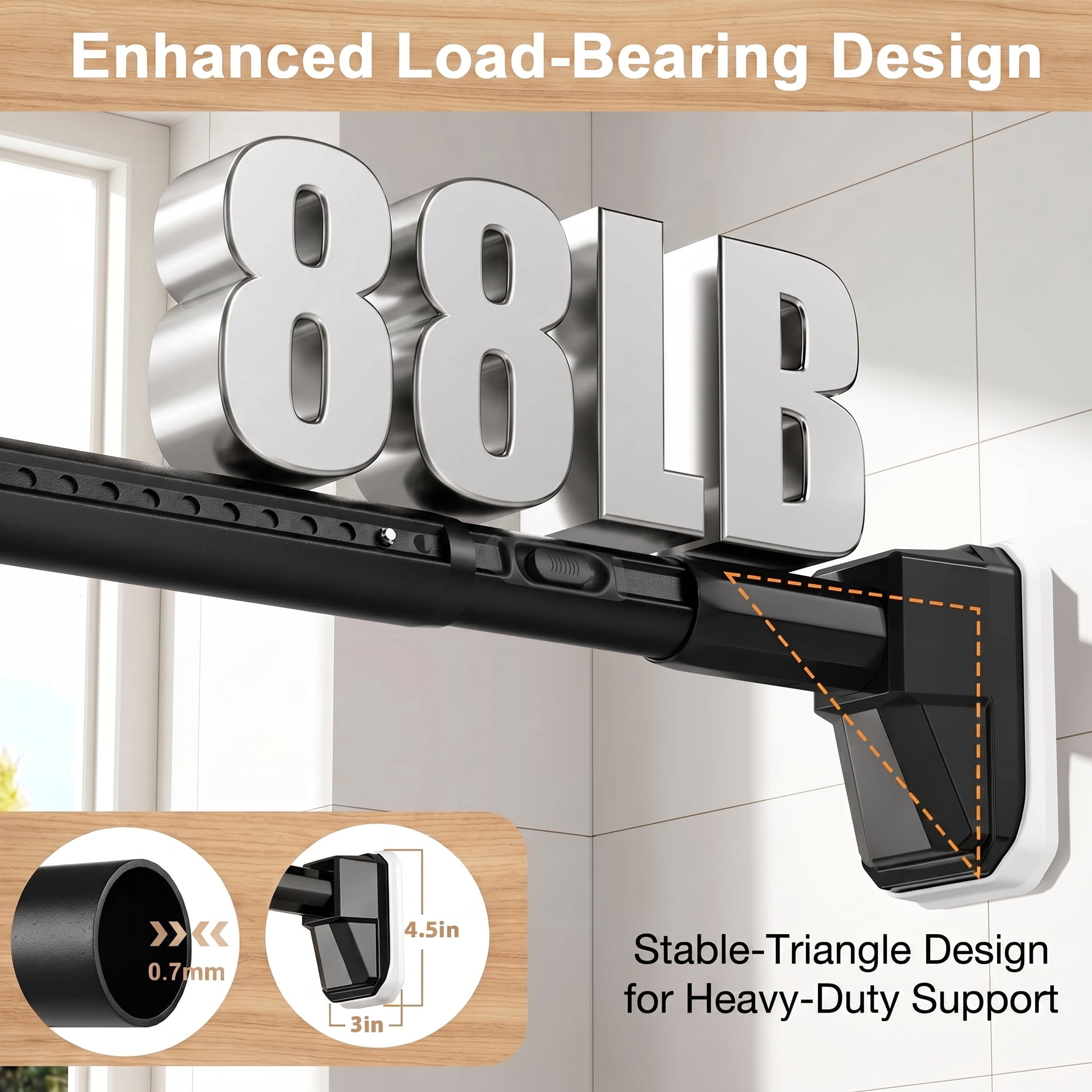 39-122 in Extra Long Heavy Duty No Drill Telescopic Tension Curtain Rod, Black, MQHOOB for Windows, Shower, Patio & Room Divider