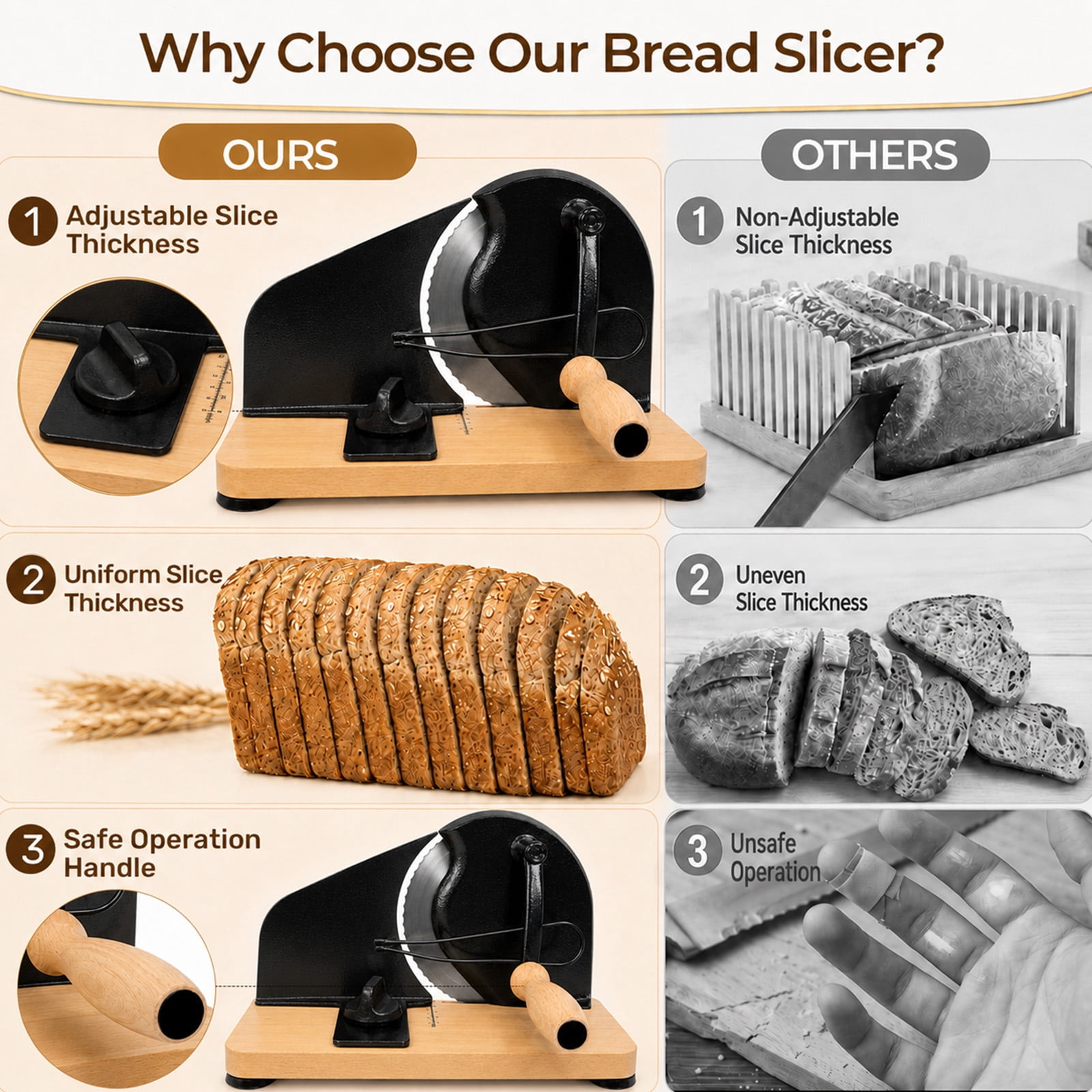 MQHOOB Upgraded Manual Hand Crank Loaf Slicer, Adjustable Thickness Cutter with Scale Line, Suction Base & Metal Guide for Homemade Sourdough Loaf