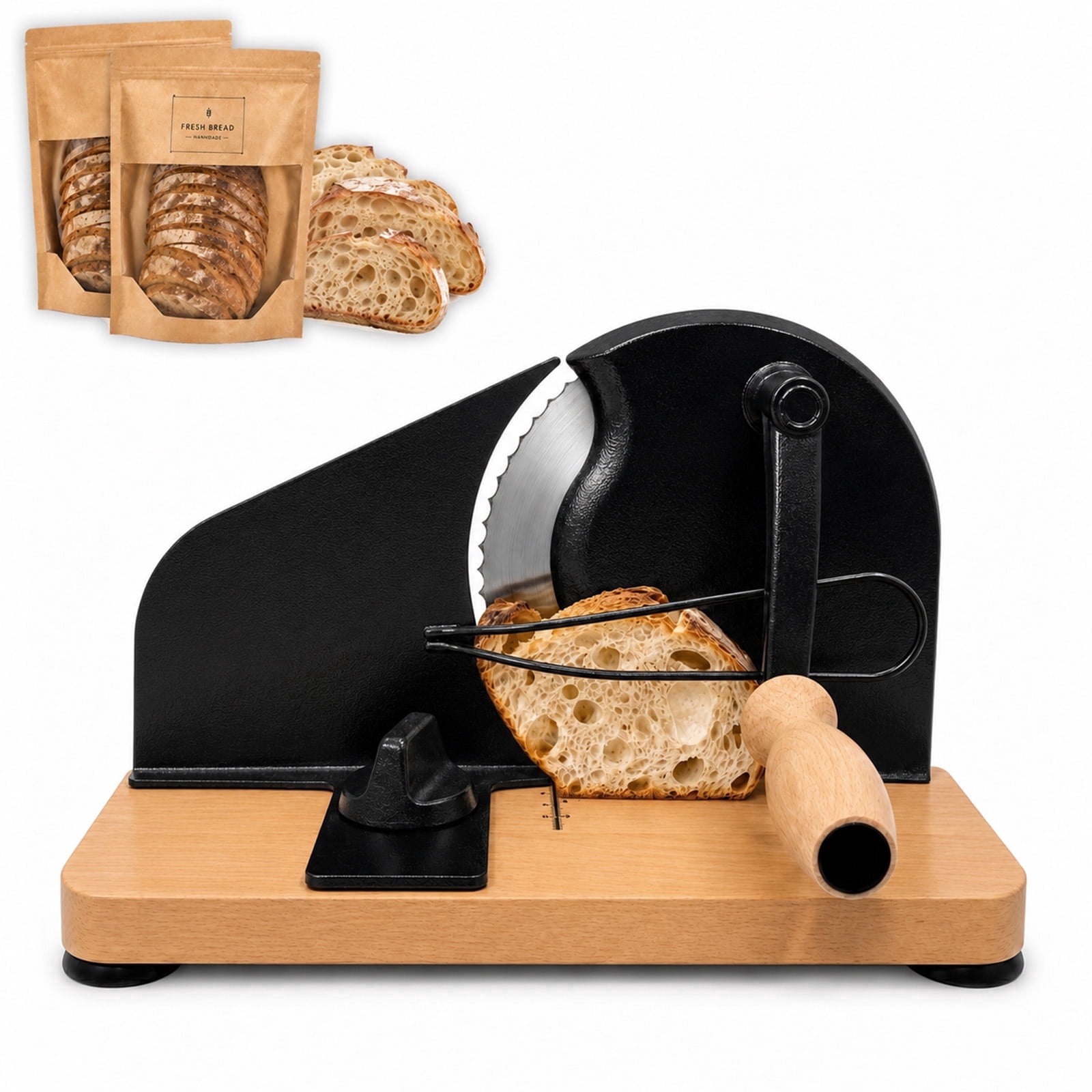 MQHOOB Upgraded Manual Hand Crank Loaf Slicer, Adjustable Thickness Cutter with Scale Line, Suction Base & Metal Guide for Homemade Sourdough Loaf