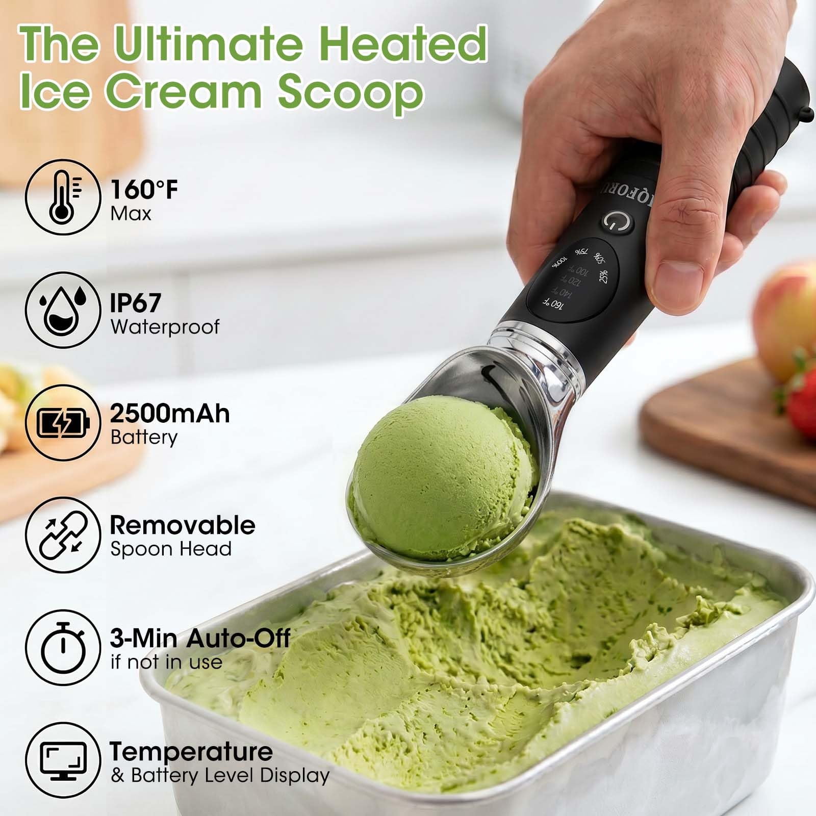 MQHOOB Heated Ice Cream Scoop, Removable Head & Dishwasher Safe, Rechargeable, LED Display for Battery&4 Temps (100-160°F), Non-Slip & IP67 Waterproof, 3-Min Auto Off for Hard Ice Cream, Sorbet(Black