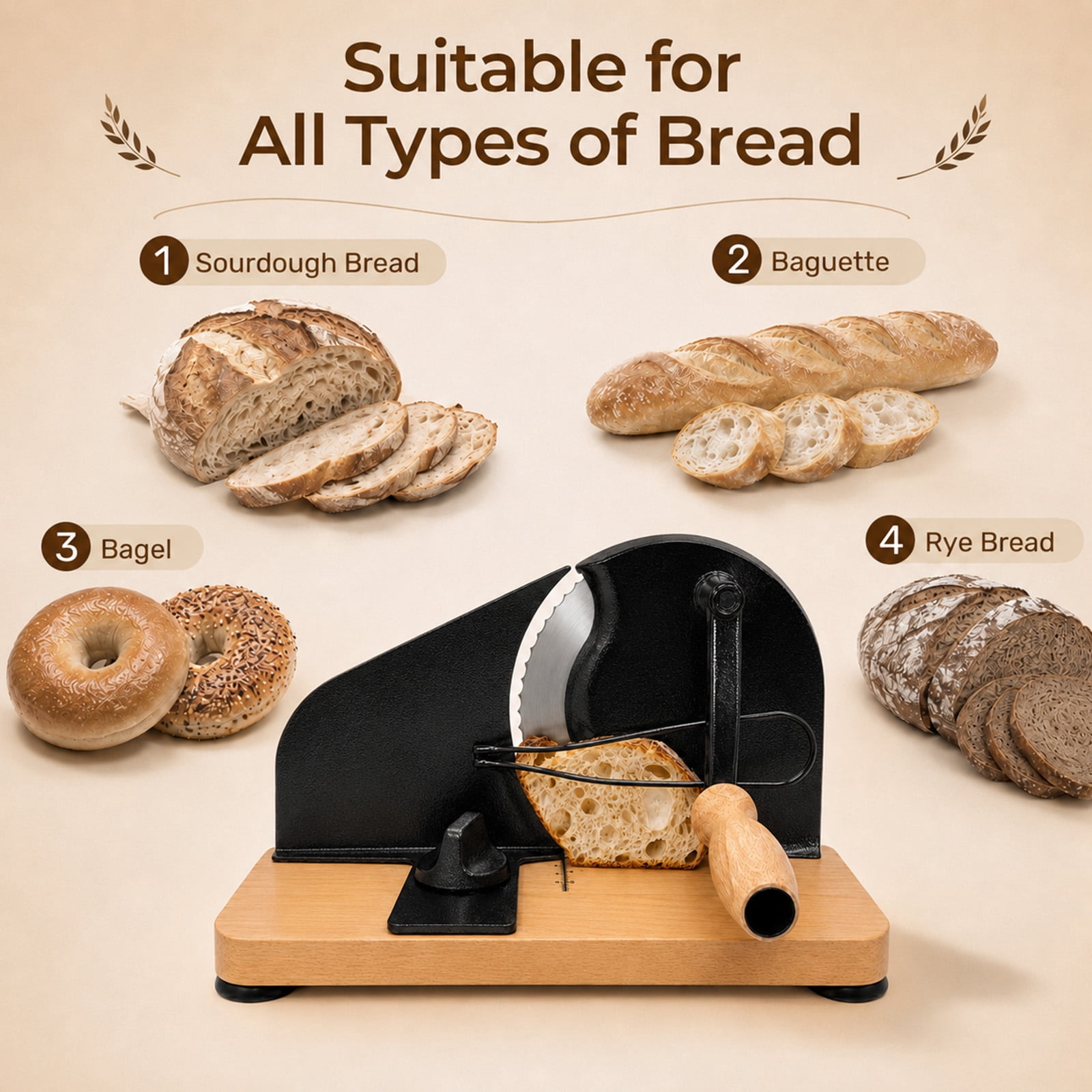 MQHOOB Upgraded Manual Hand Crank Loaf Slicer, Adjustable Thickness Cutter with Scale Line, Suction Base & Metal Guide for Homemade Sourdough Loaf