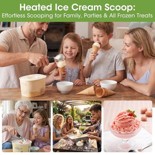 MQHOOB Heated Ice Cream Scoop, Removable Head & Dishwasher Safe, Rechargeable, LED Display for Battery&4 Temps (100-160°F), Non-Slip & IP67 Waterproof, 3-Min Auto Off for Hard Ice Cream, Sorbet(Black