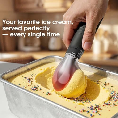 MQHOOB Heated Ice Cream Scoop, Removable Head & Dishwasher Safe, Rechargeable, LED Display for Battery&4 Temps (100-160°F), Non-Slip & IP67 Waterproof, 3-Min Auto Off for Hard Ice Cream, Sorbet(Black