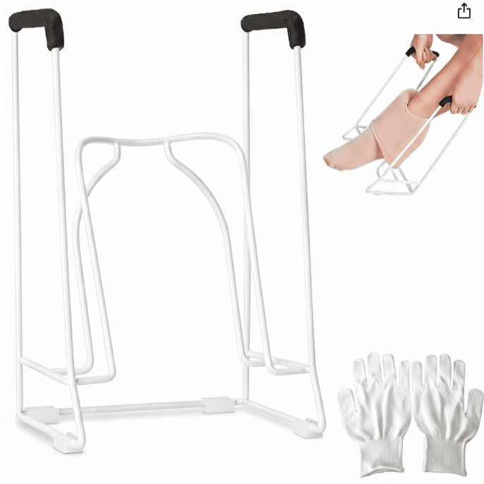 MQHOOB Sock Aid for Seniors, 16cm White Metal Pressure Sock Donner with Non-Slip Handles & Gloves, Easy on/off Stocking Helper Daily Use