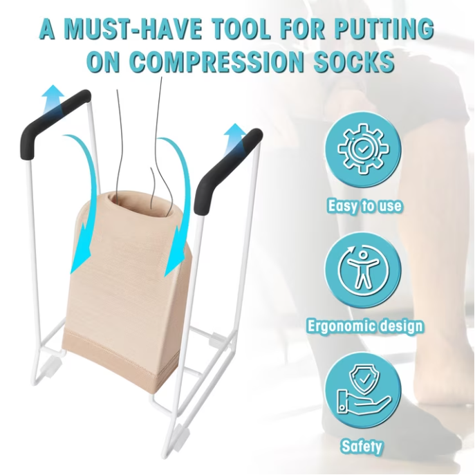 MQHOOB Sock Aid for Seniors, 16cm White Metal Pressure Sock Donner with Non-Slip Handles & Gloves, Easy on/off Stocking Helper Daily Use