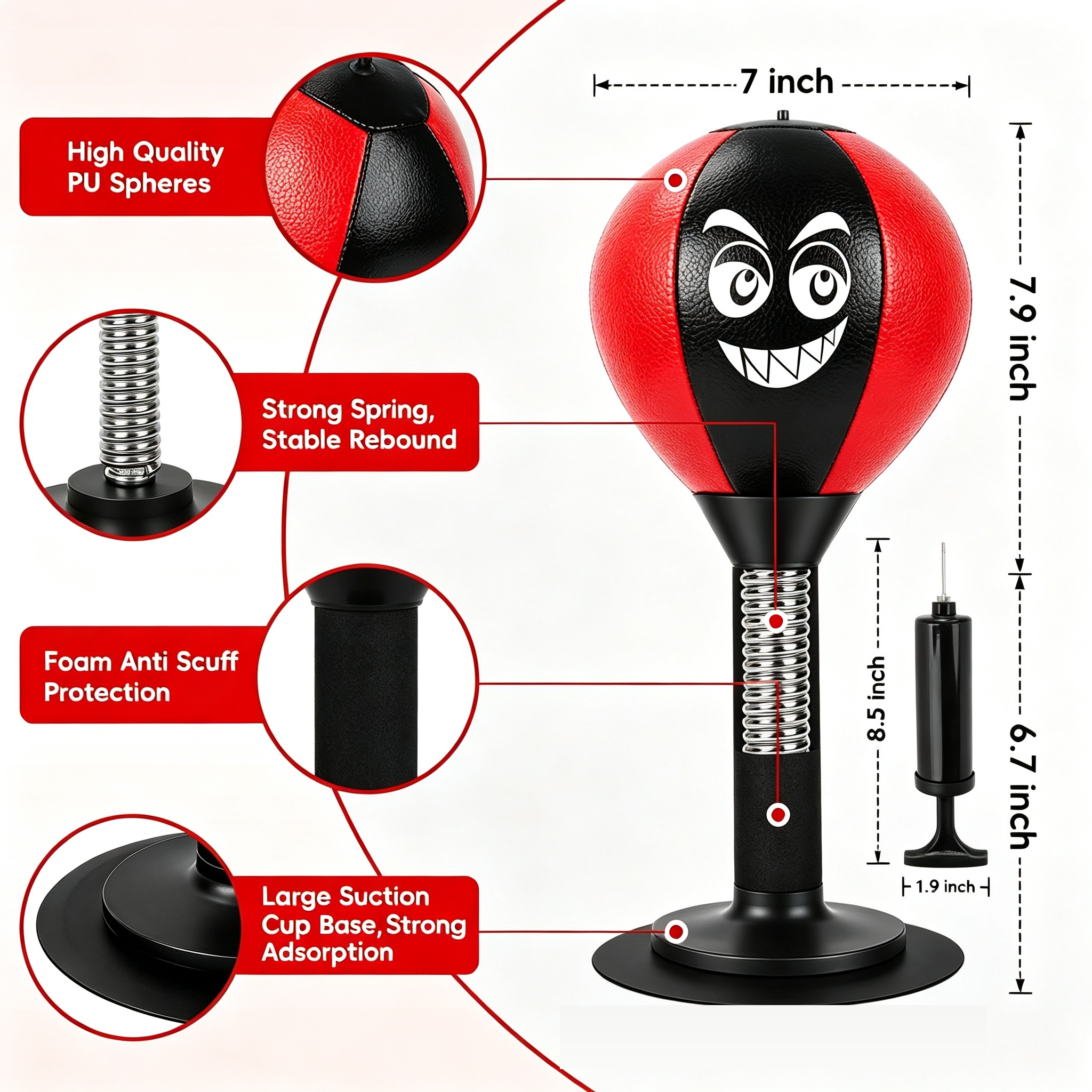 Desktop Punching Bag, Strong Suction Cup Tabletop Boxing Ball for Stress Relief, Home and Office Use, Black and Red