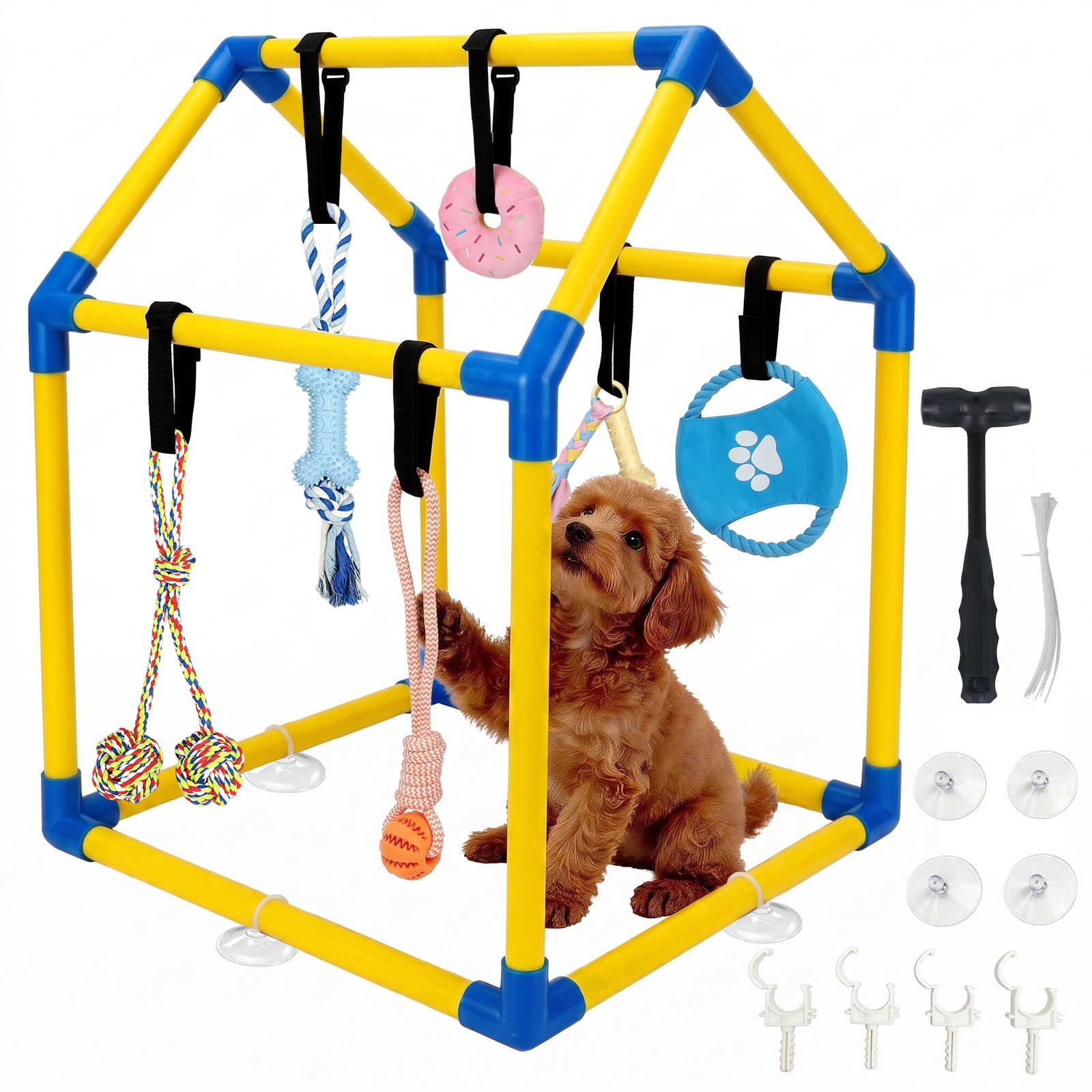 MQAAUP Small Dog Puppy Play Gym, PVC Indoor Interactive Activity Center with 6 Hanging Chew Toys, Adjustable Straps Relieve Puppy Boredom
