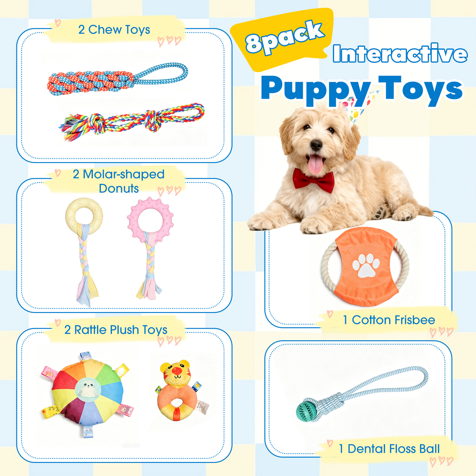 MQAAUP Puppy Play Gym with 8 Hanging Toys, 19.5"x19.5" Adjustable Indoor Dog Jungle Gym for Small Dogs, Training & Anxiety Relief