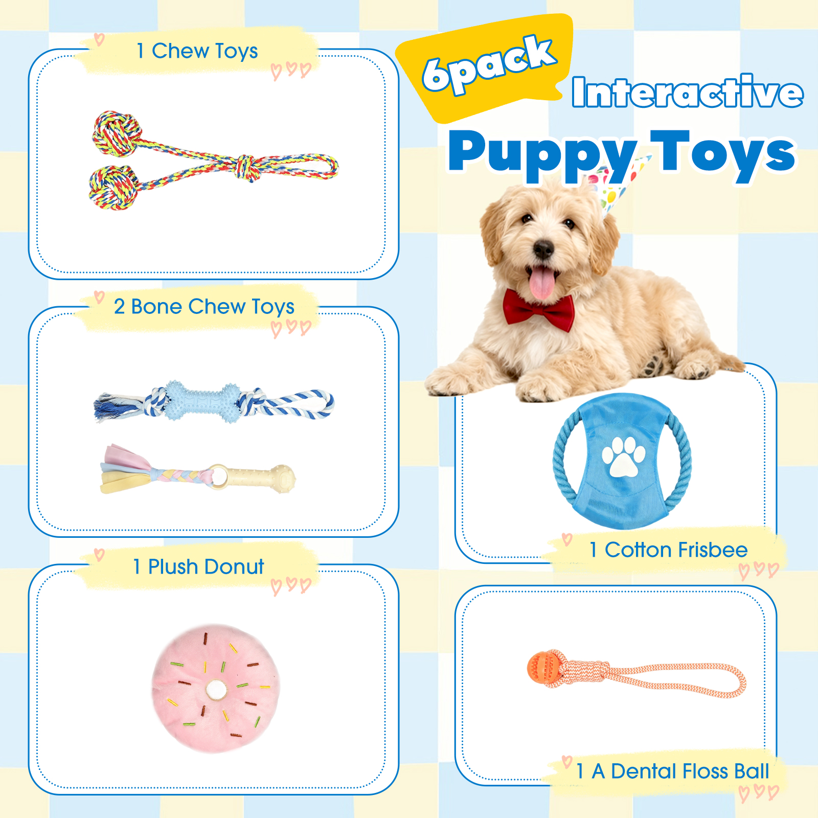 MQAAUP Small Dog Puppy Play Gym, PVC Indoor Interactive Activity Center with 6 Hanging Chew Toys, Adjustable Straps Relieve Puppy Boredom