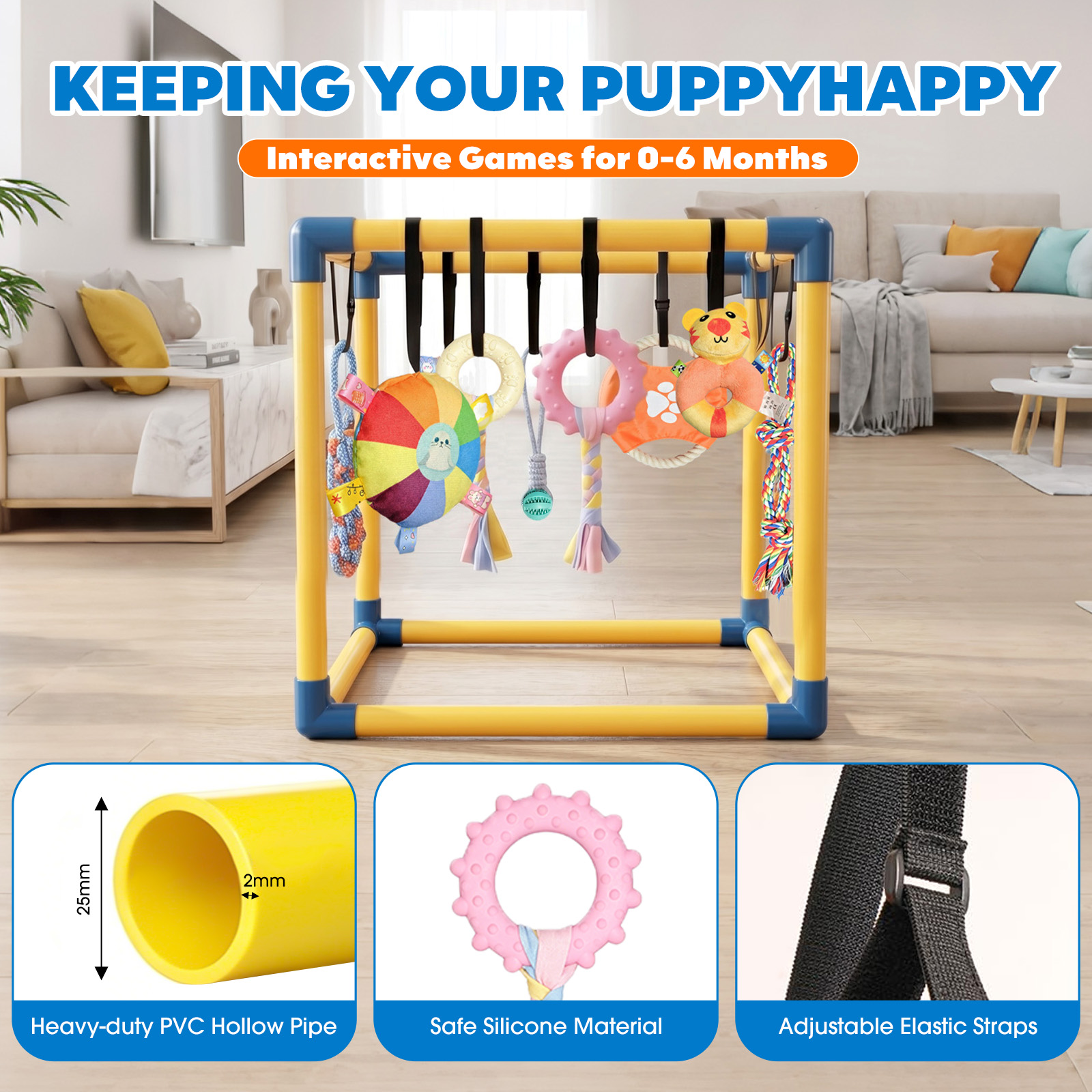 MQAAUP Puppy Play Gym with 8 Hanging Toys, 19.5"x19.5" Adjustable Indoor Dog Jungle Gym for Small Dogs, Training & Anxiety Relief
