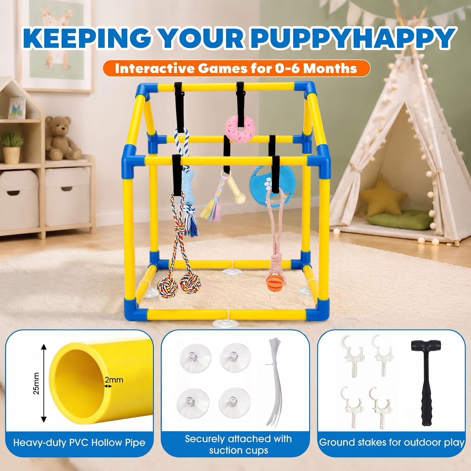 MQAAUP Small Dog Puppy Play Gym, PVC Indoor Interactive Activity Center with 6 Hanging Chew Toys, Adjustable Straps Relieve Puppy Boredom