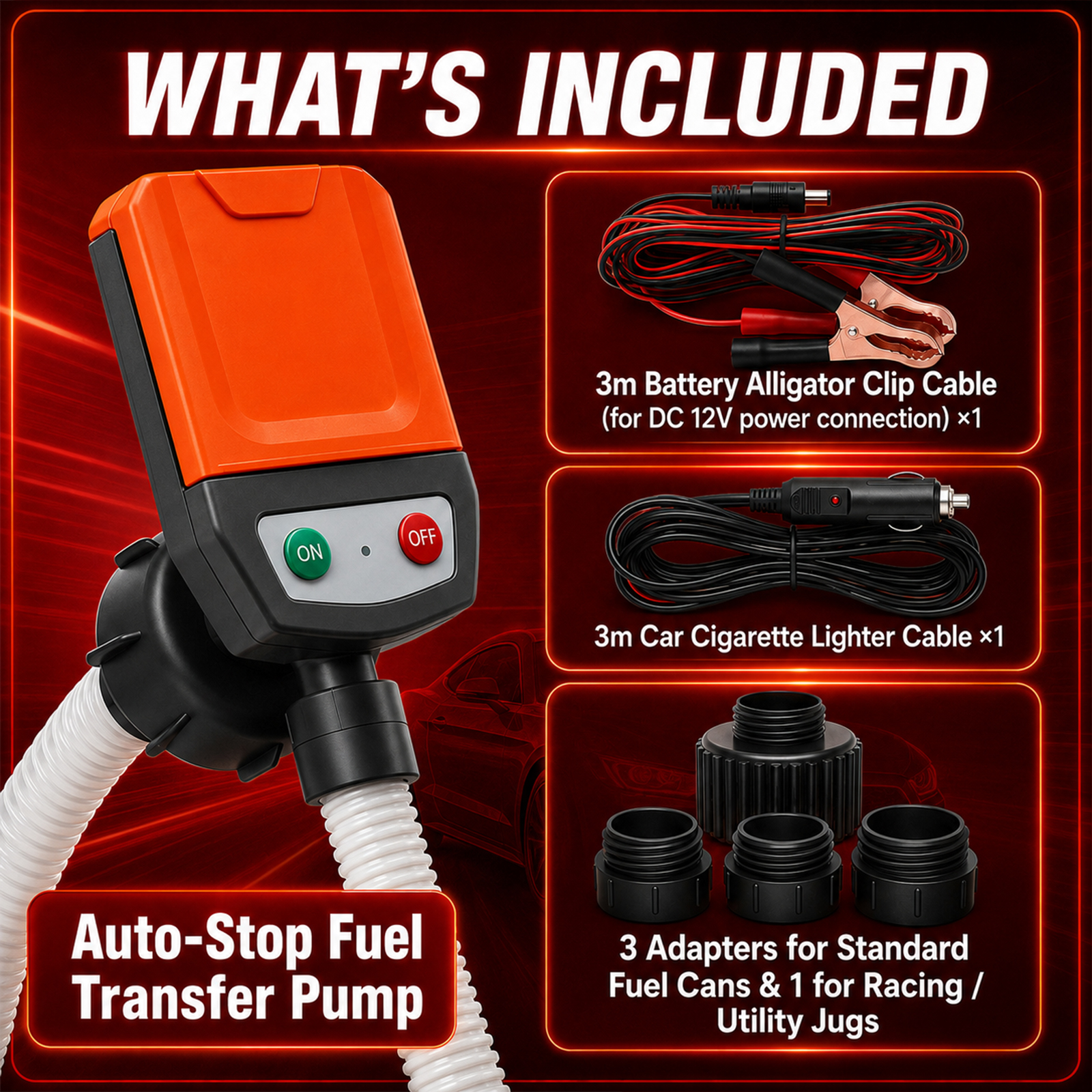 3.8GPM Auto-Stop Electric Fuel Transfer Pump, 51" Long Hose, 4 Size Adapters, Leak Proof Portable Gas Can Pump for Gasoline Diesel Kerosene Oil
