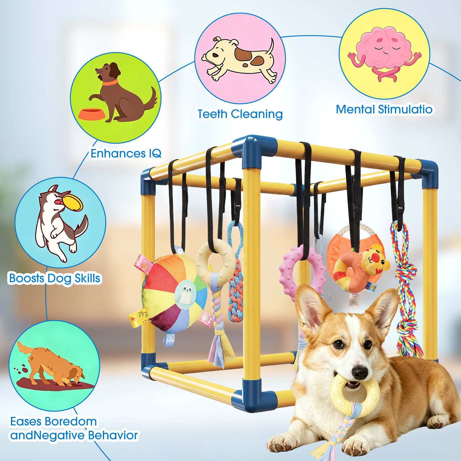 MQAAUP Puppy Play Gym with 8 Hanging Toys, 19.5"x19.5" Adjustable Indoor Dog Jungle Gym for Small Dogs, Training & Anxiety Relief
