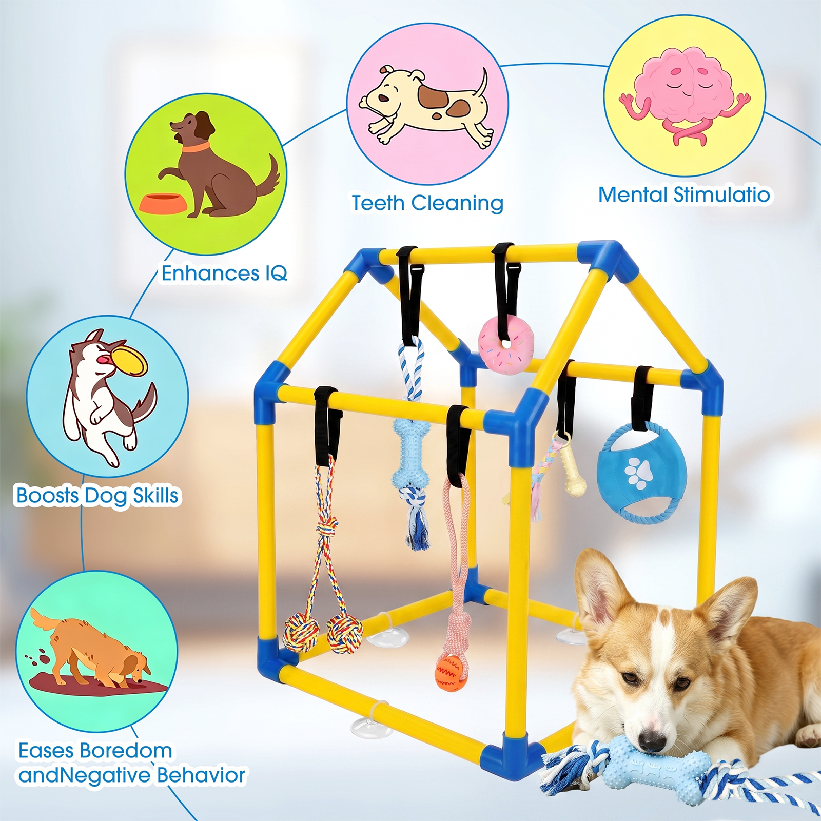 MQAAUP Small Dog Puppy Play Gym, PVC Indoor Interactive Activity Center with 6 Hanging Chew Toys, Adjustable Straps Relieve Puppy Boredom