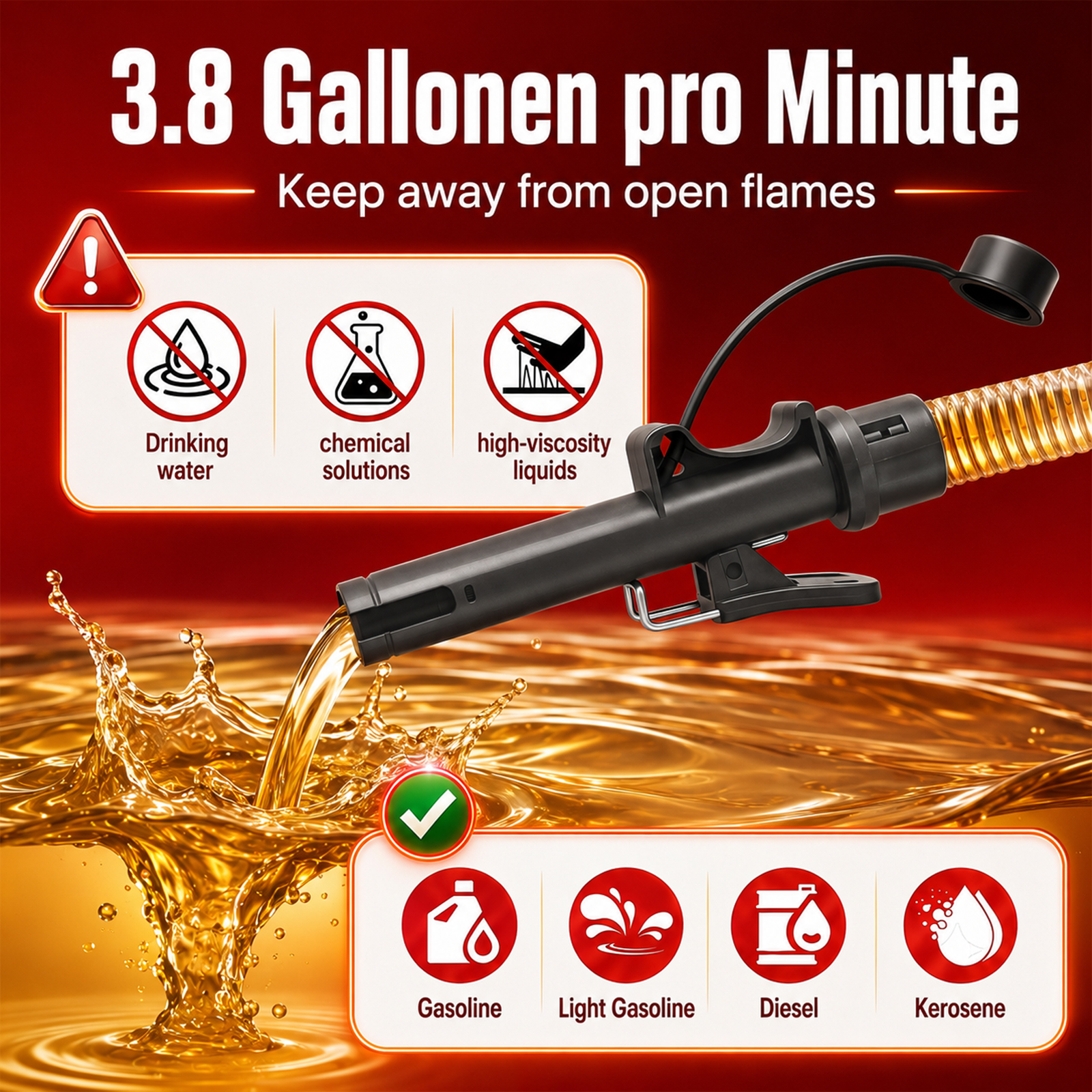 3.8GPM Auto-Stop Electric Fuel Transfer Pump, 51" Long Hose, 4 Size Adapters, Leak Proof Portable Gas Can Pump for Gasoline Diesel Kerosene Oil