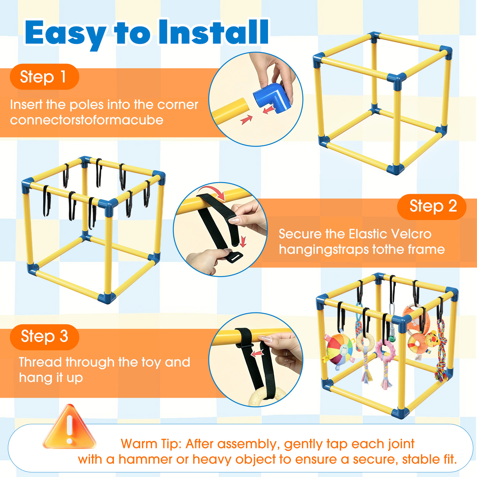MQAAUP Puppy Play Gym with 8 Hanging Toys, 19.5"x19.5" Adjustable Indoor Dog Jungle Gym for Small Dogs, Training & Anxiety Relief