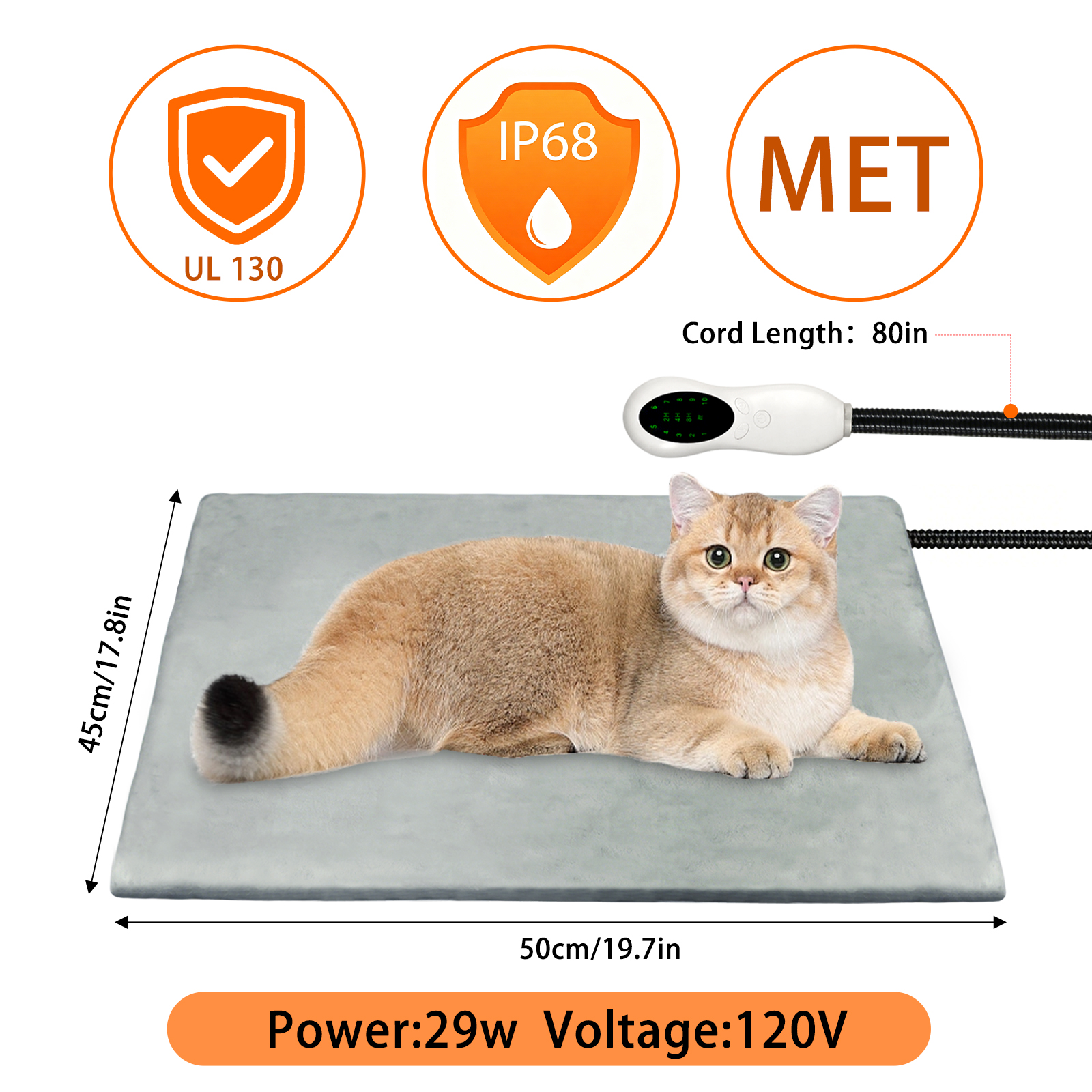 MQAAUP Pet Heating Pad, Waterproof & Chew Resistant, 10 Temp Settings with Timer, 17.8*19.7 in for Dogs & Cats