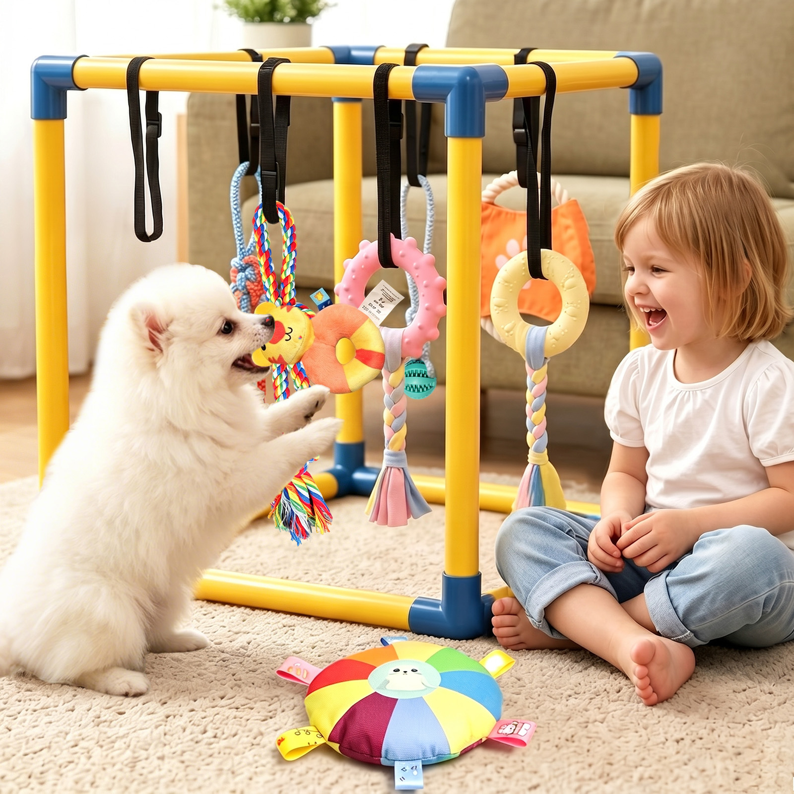 MQAAUP Puppy Play Gym with 8 Hanging Toys, 19.5"x19.5" Adjustable Indoor Dog Jungle Gym for Small Dogs, Training & Anxiety Relief