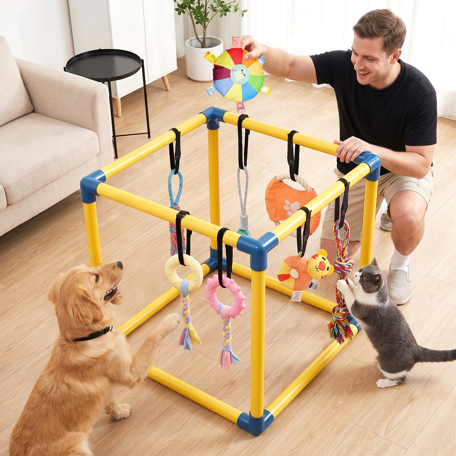 MQAAUP Puppy Play Gym with 8 Hanging Toys, 19.5"x19.5" Adjustable Indoor Dog Jungle Gym for Small Dogs, Training & Anxiety Relief