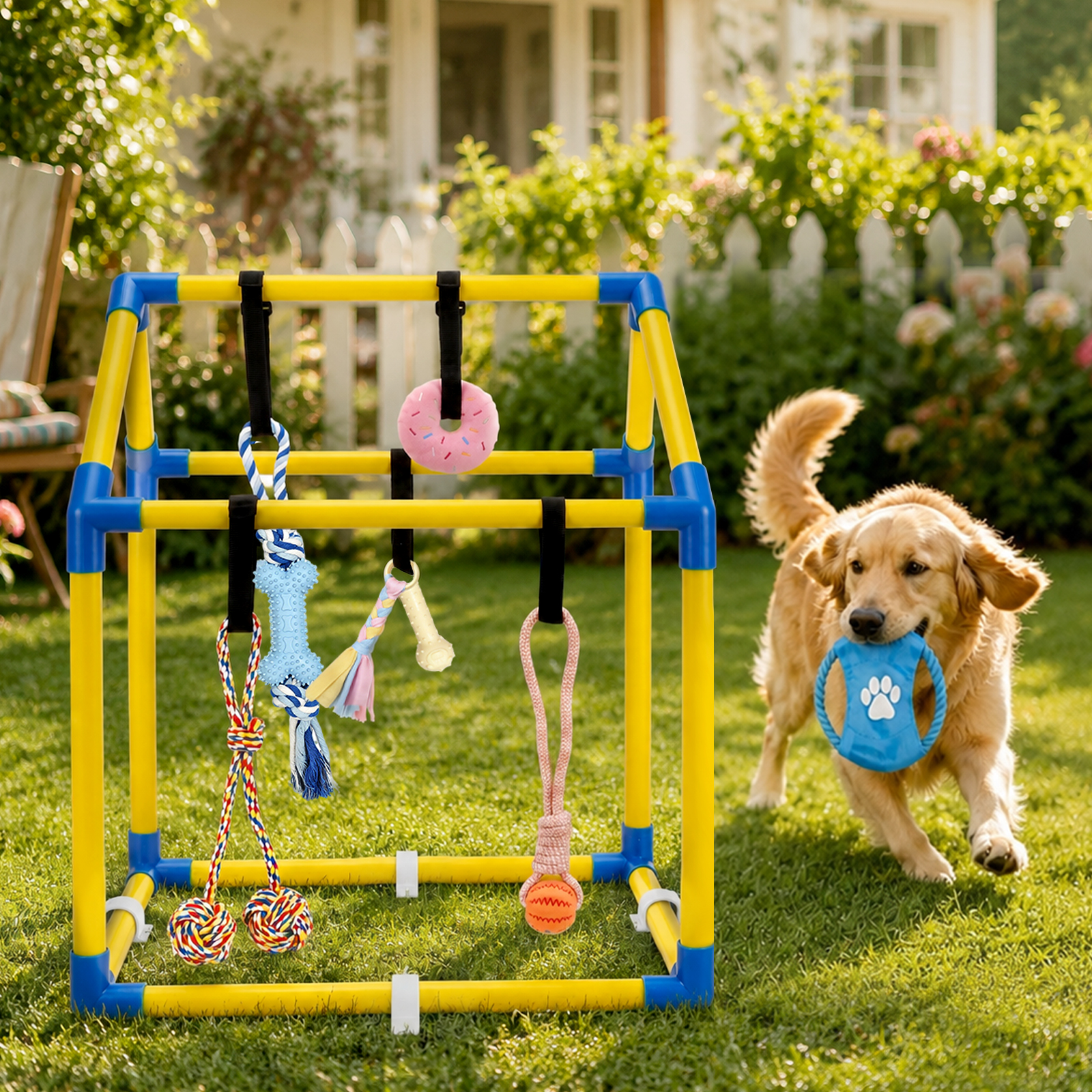 MQAAUP Small Dog Puppy Play Gym, PVC Indoor Interactive Activity Center with 6 Hanging Chew Toys, Adjustable Straps Relieve Puppy Boredom