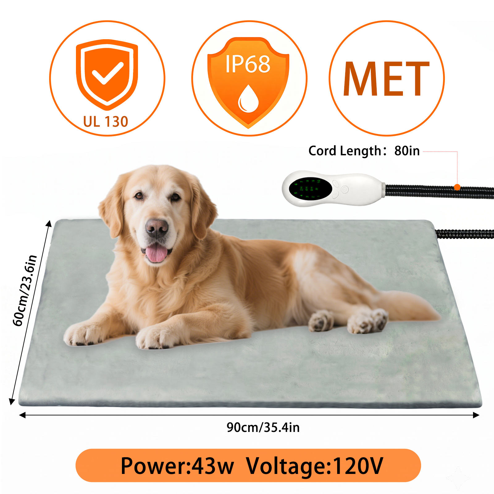 MQAAUP Pet Heating Pad, Waterproof & Chew Resistant, 10 Temp Settings with Timer, 24x35 in for large Dogs & Cats
