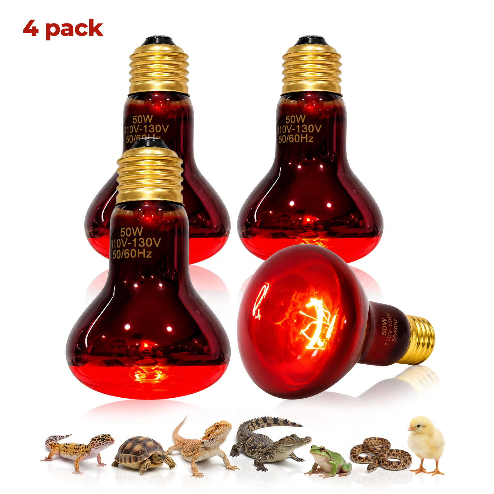 MQAAUP 50W Infrared Basking Spot Bulb, Red Reptile Heating lamp, Basking Light for Snake, Leopard Gecko, Tortoise, Lizard Terrarium, 4 Pack