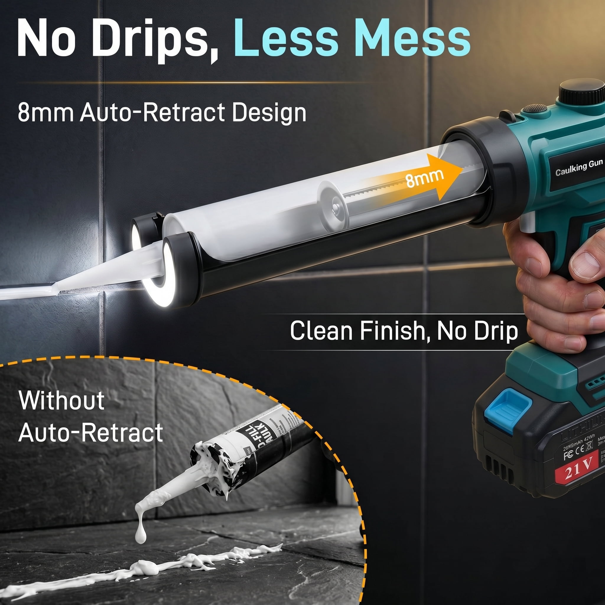 Electric Caulk Gun with 2x2000mAh Batteries, Drip-Proof Cordless Caulking Gun with LED Light ＆ Adjustable Speed, 10oz Caulk Gun for Filling, Sealing