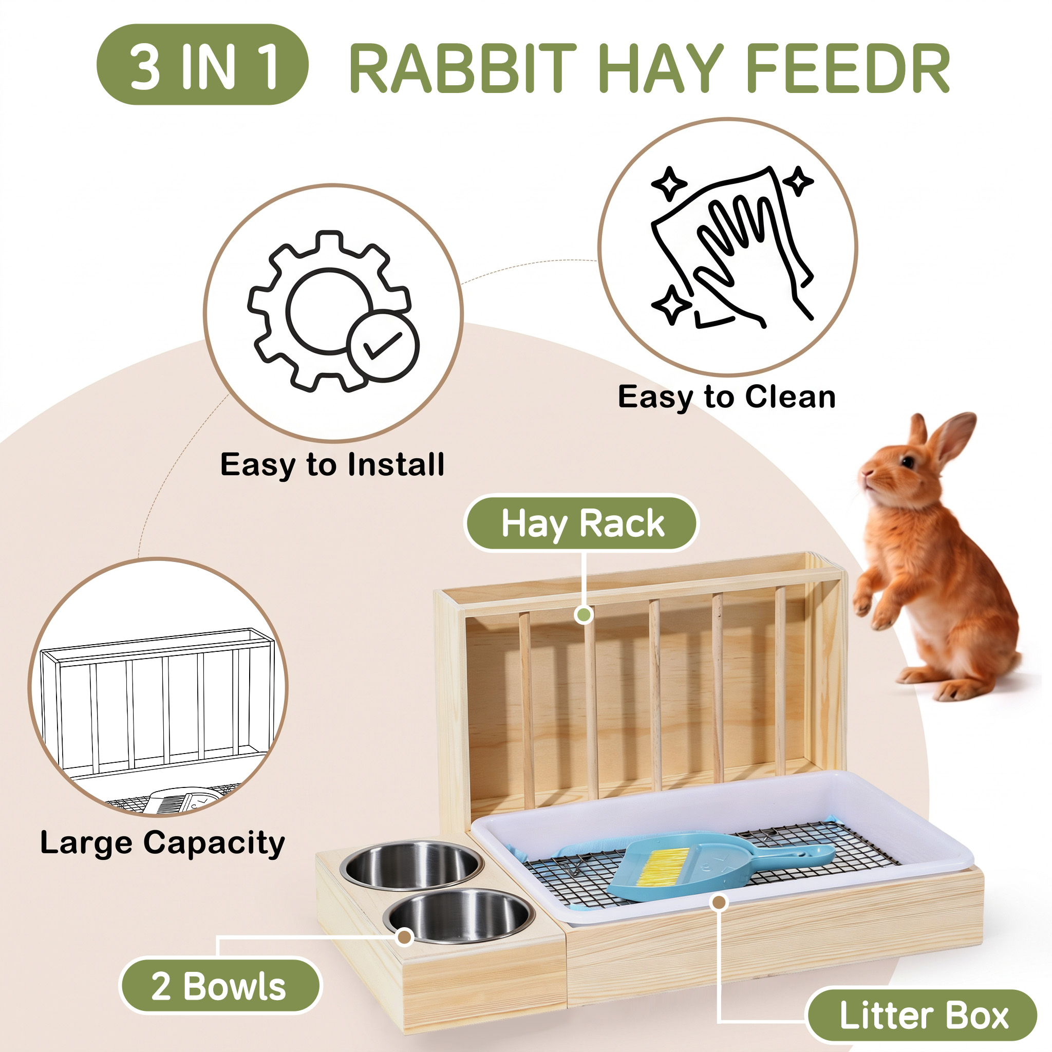 MQAAUP 3 in 1 Rabbit Hay Feeder with Litter Box,Large Wooden Hay Feeder with 2 Bowls for Guinea Pig Chinchilla Bunny Other Small Animals