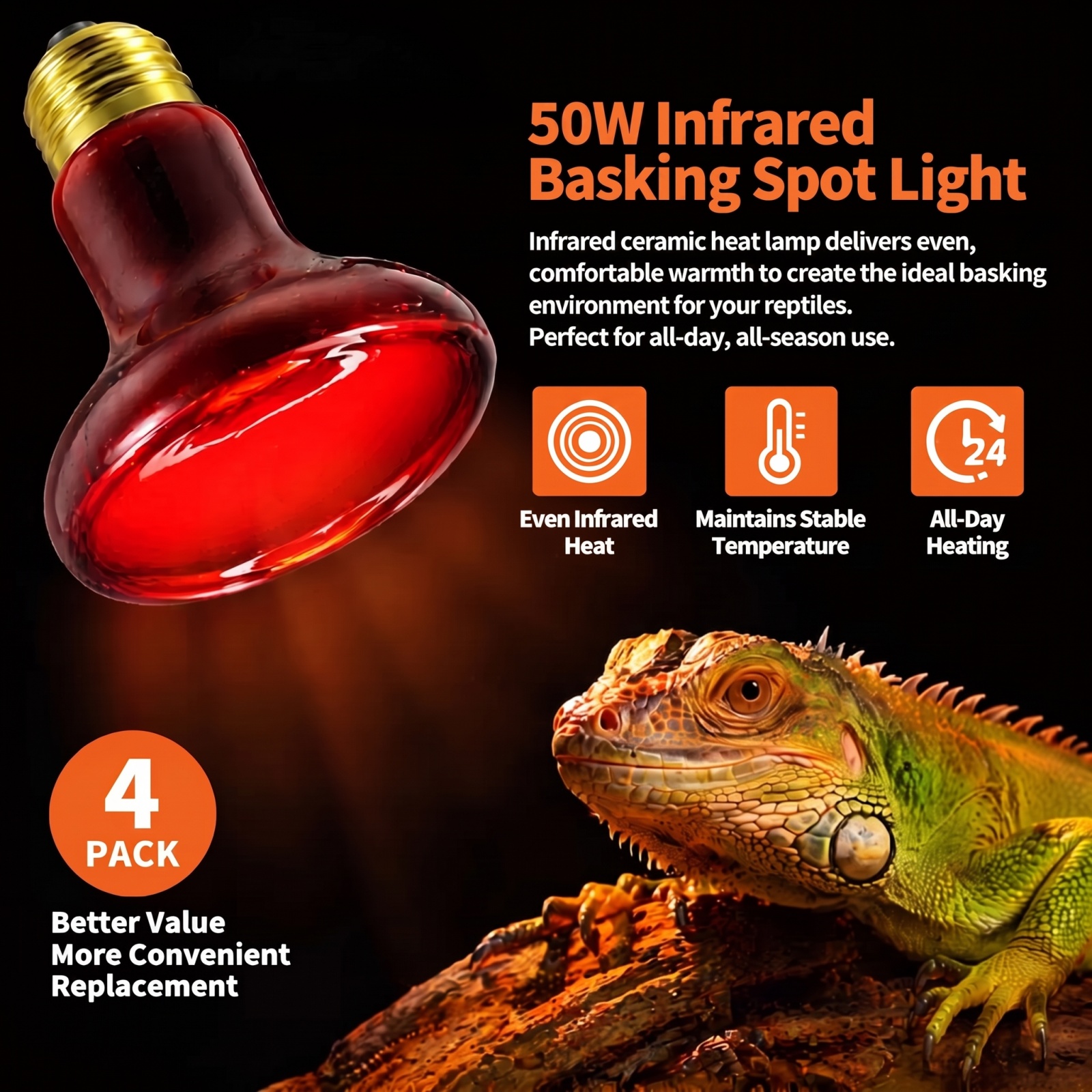 MQAAUP 50W Infrared Basking Spot Bulb, Red Reptile Heating lamp, Basking Light for Snake, Leopard Gecko, Tortoise, Lizard Terrarium, 4 Pack