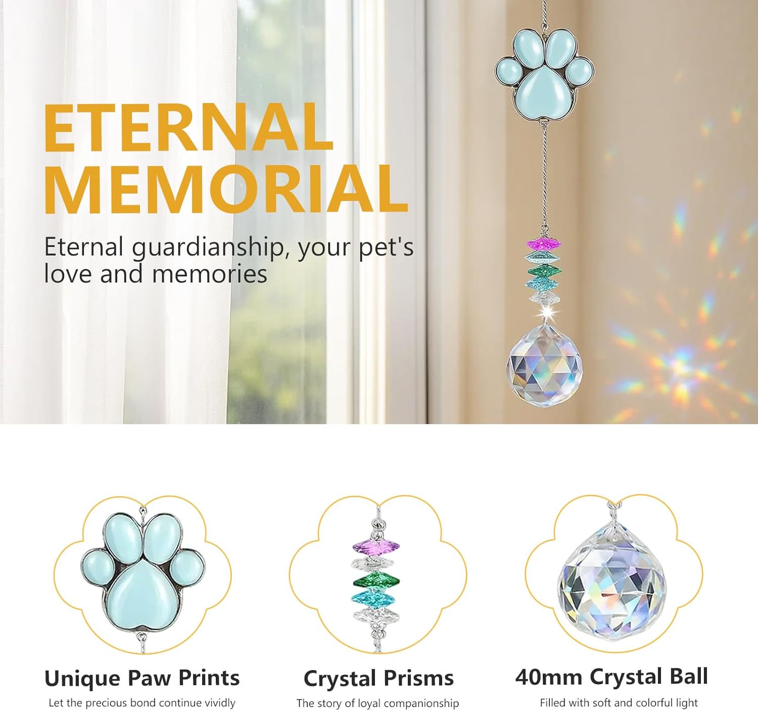  Hero image 0 of MQAAUP Pet Memorial Suncatcher,Dog Memorial Gifts, Pet Loss Sympathy, Thoughtful Dogs and Cats Bereavement Remembrance Gifts, Natural Cat's Eye Paw Crystal Suncatcher, 0 of 7   MQAAUP MQAAUP Pet Memorial Suncatcher,Dog Memorial Gifts, Pet