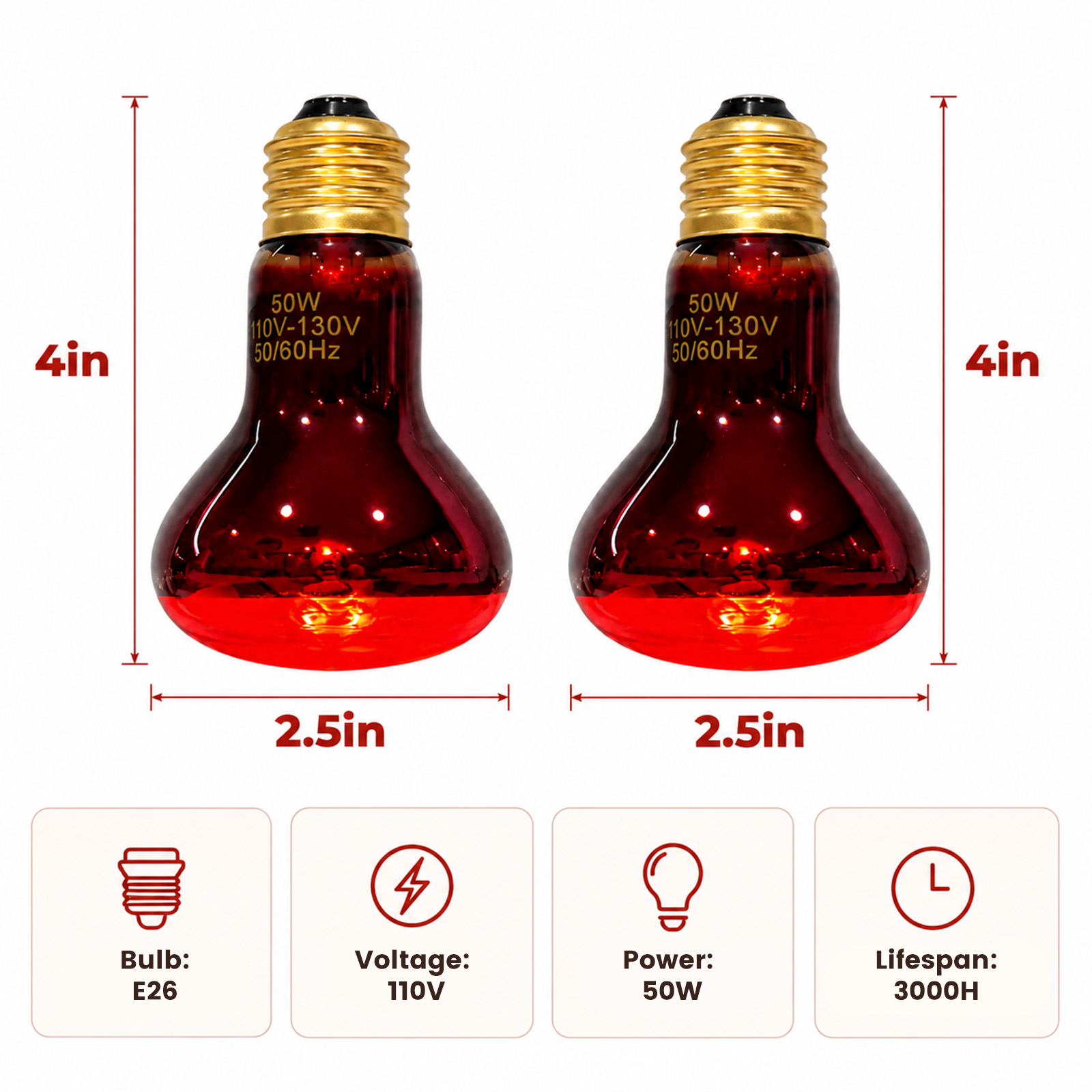 MQAAUP 50W Infrared Basking Spot Bulb, Red Reptile Heating lamp, Basking Light for Snake, Leopard Gecko, Tortoise, Lizard Terrarium, 4 Pack