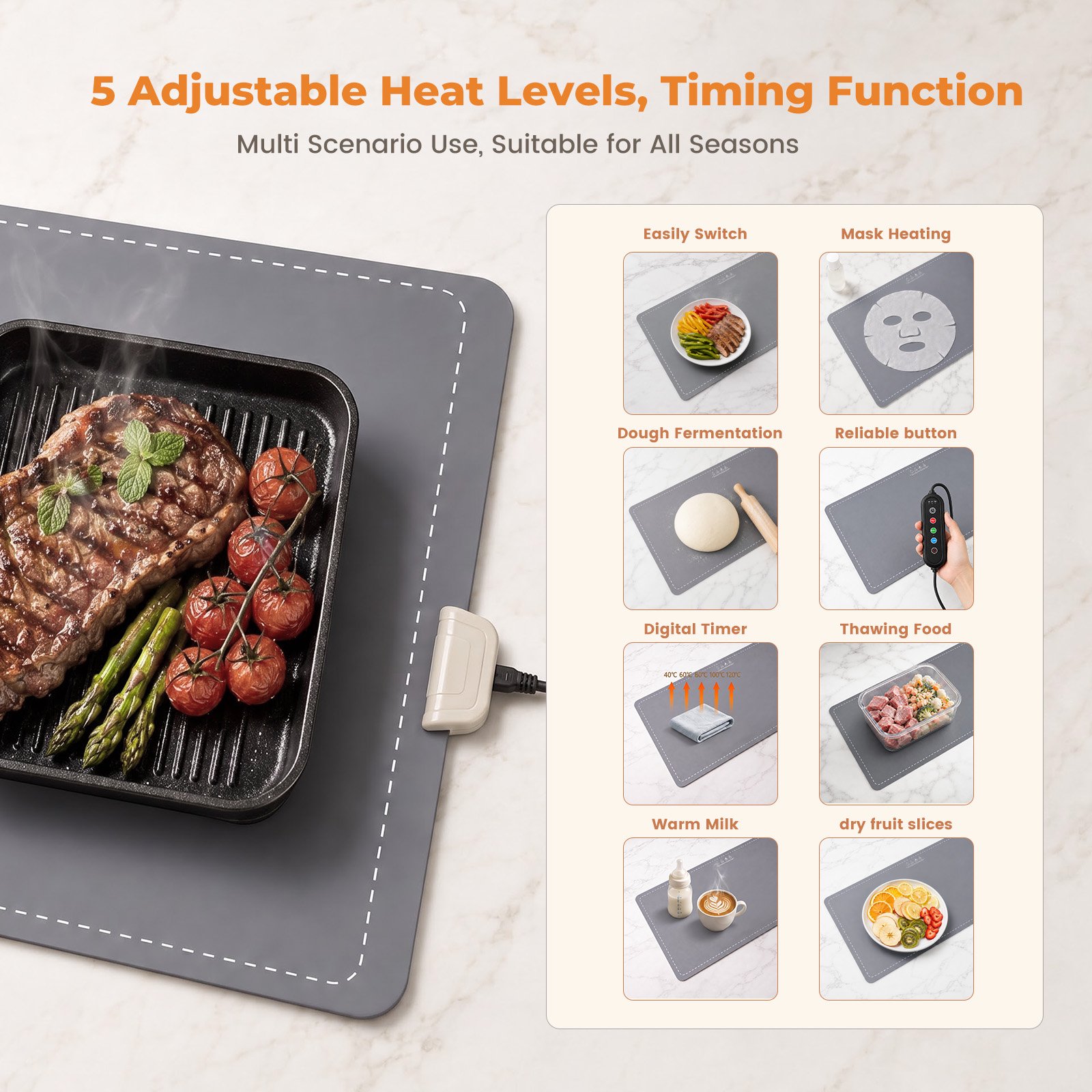 MQAAUP Food Warming Mat 35"x14", Electric Warming Tray, 5 Heat Levels, 6H Auto Shut Off Timer & Child Lock for Buffet, Party & Home Use